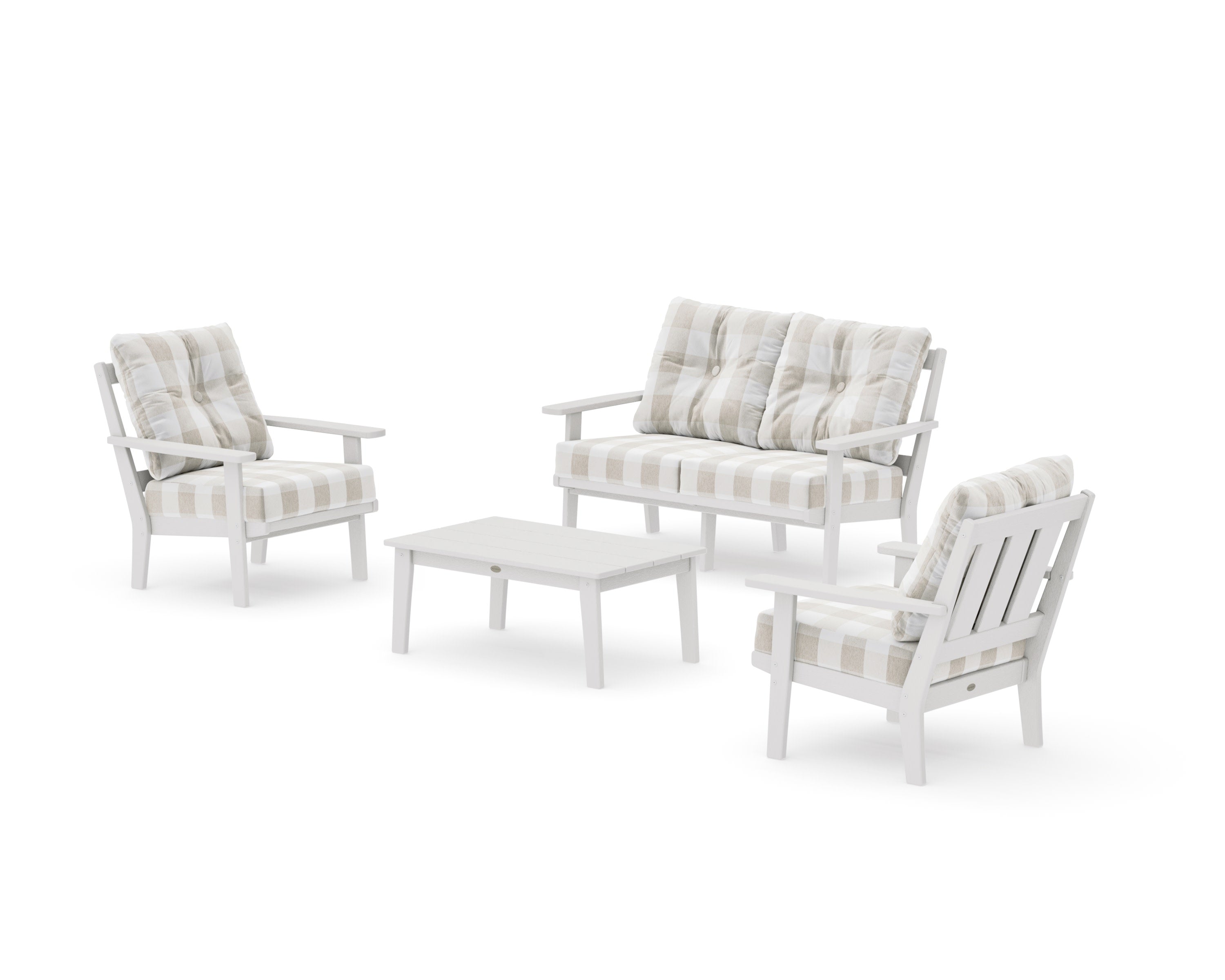 Oxford 4-Piece Deep Seating Set with Loveseat in Vintage White / Buffalo Plaid Dune Burlap