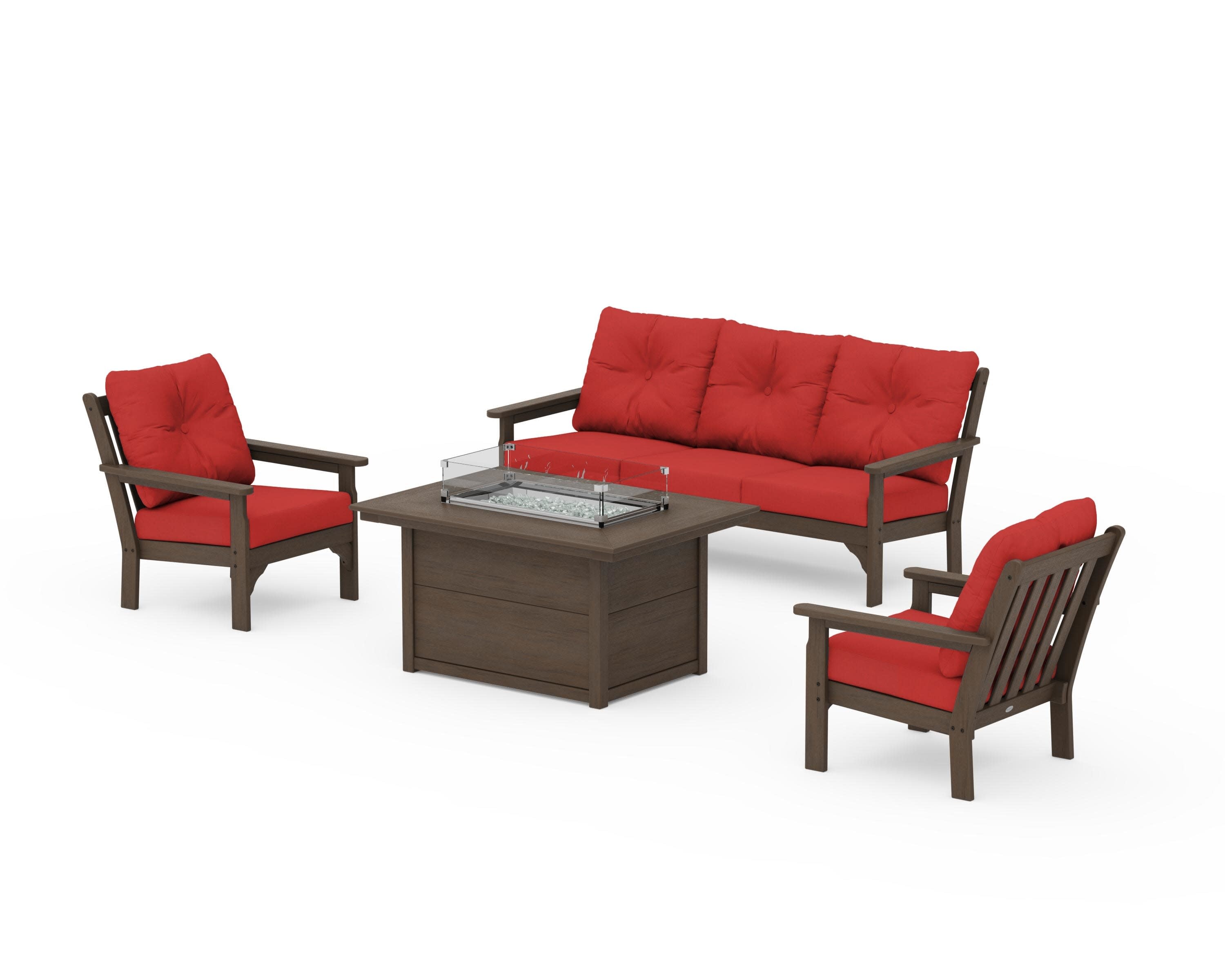 Vineyard Deep Seating Fire Pit Table Set in Kona / Crimson Linen