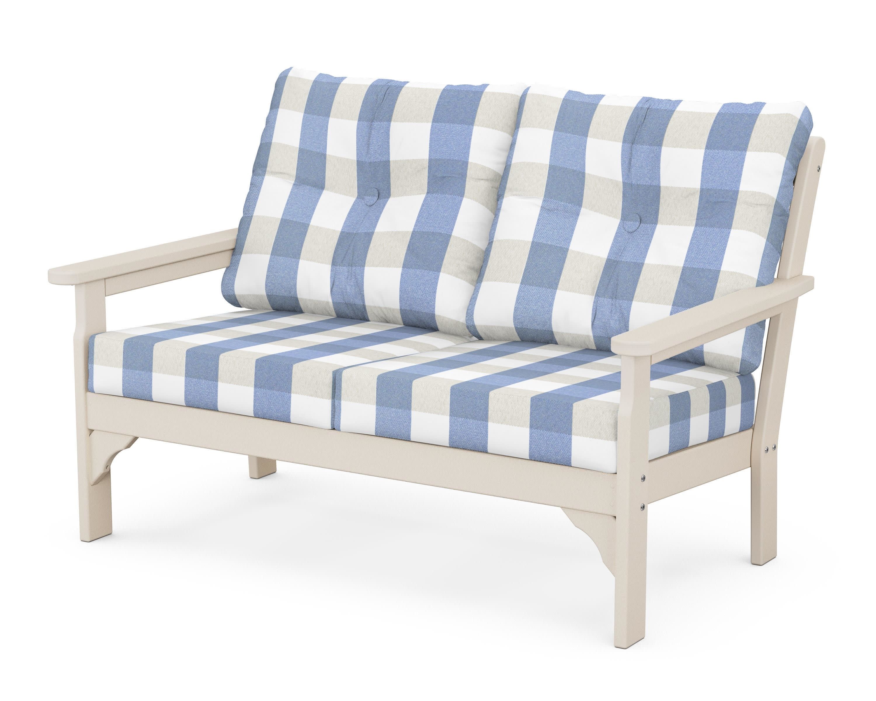 Vineyard Deep Seating Loveseat in Sand / Buffalo Plaid Sky Blue