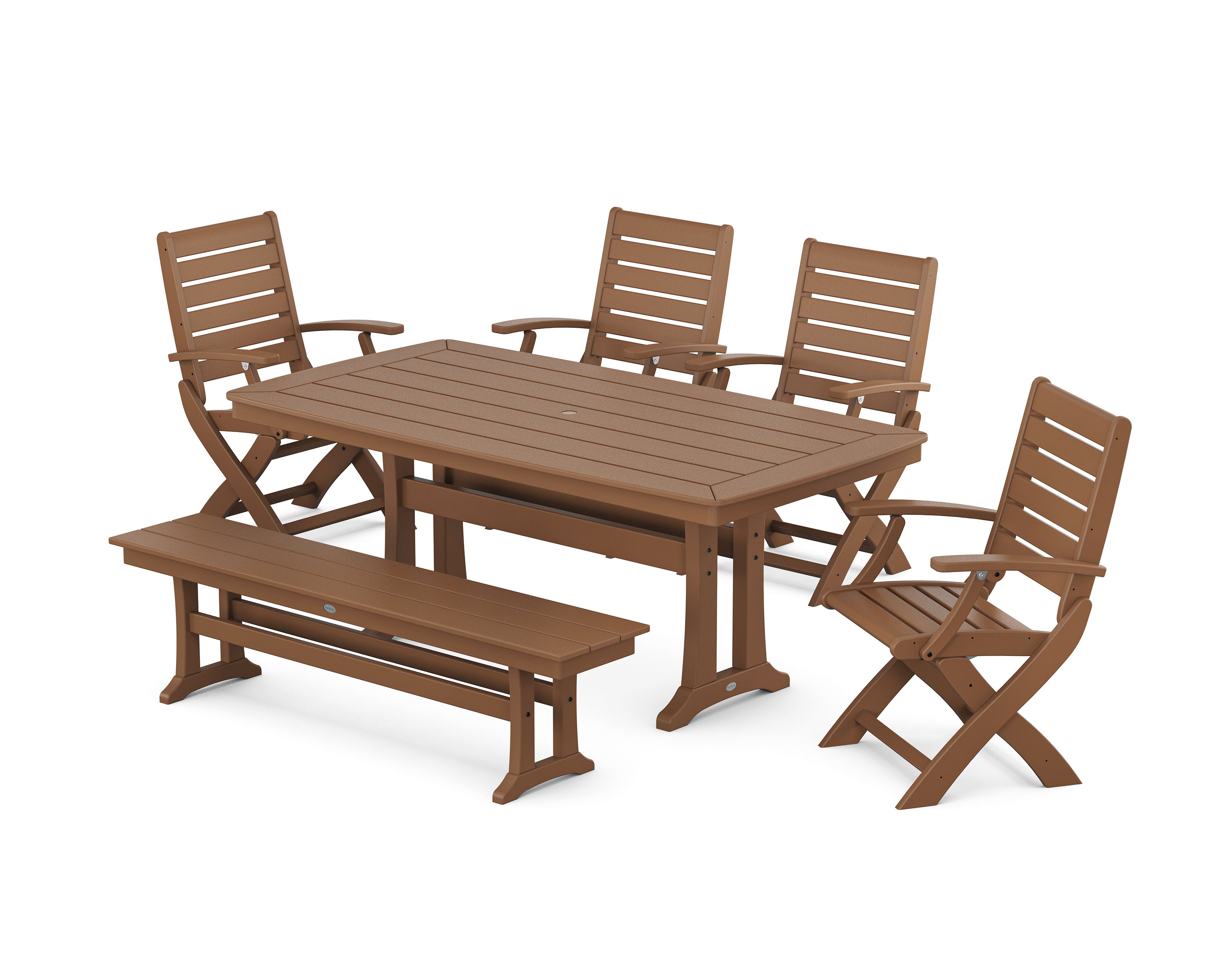 Signature Folding Chair 6-Piece Dining Set with Trestle Legs and Bench in Teak