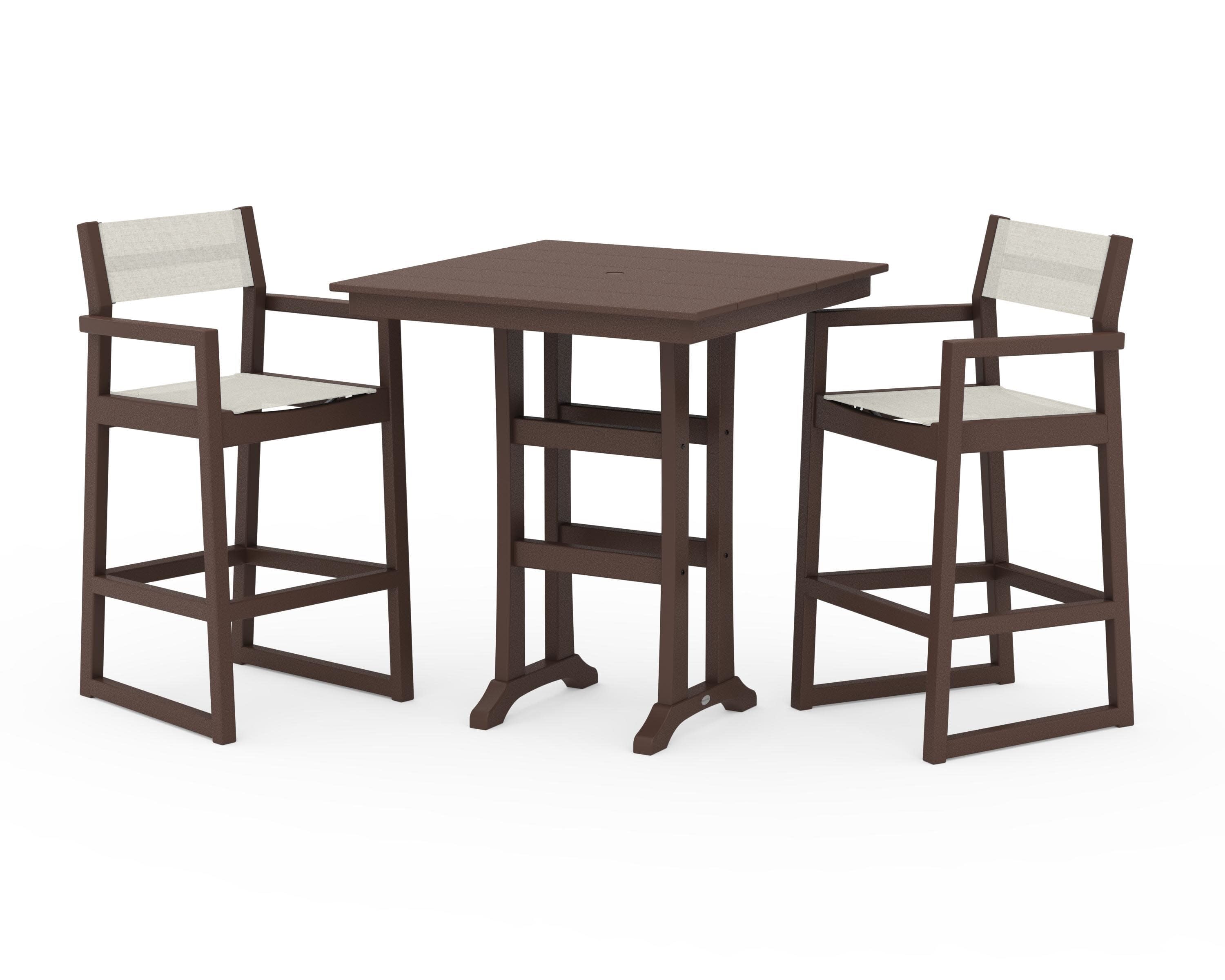 EDGE Sling Arm Chair 3-Piece Farmhouse Bar Set with Trestle Legs in Mahogany / Parchment Sling