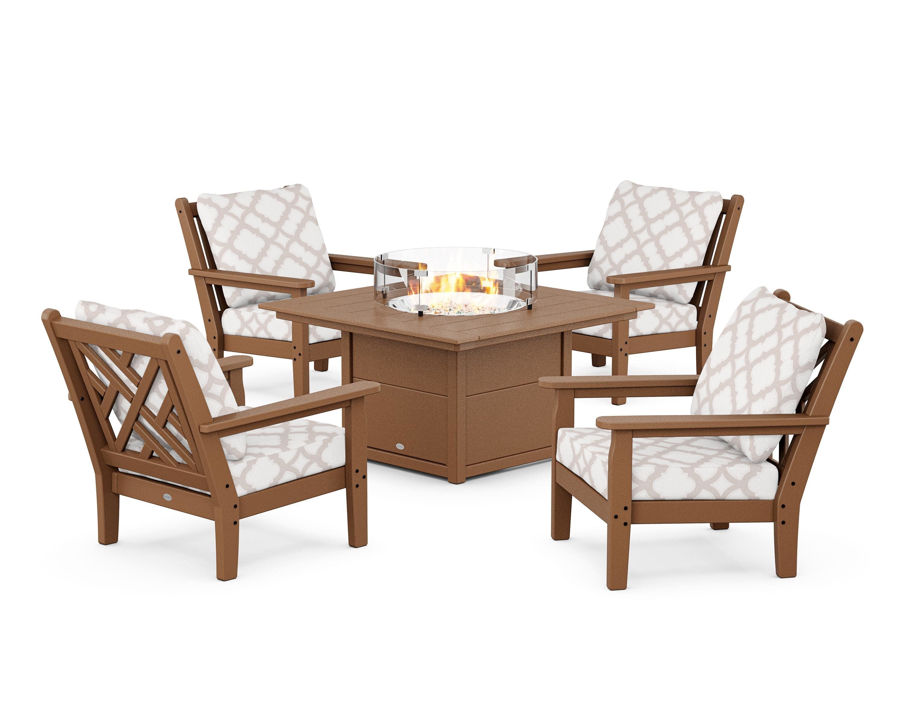 Chippendale 5-Piece Deep Seating Set with Fire Pit Table in Teak / Trellis Dune Burlap