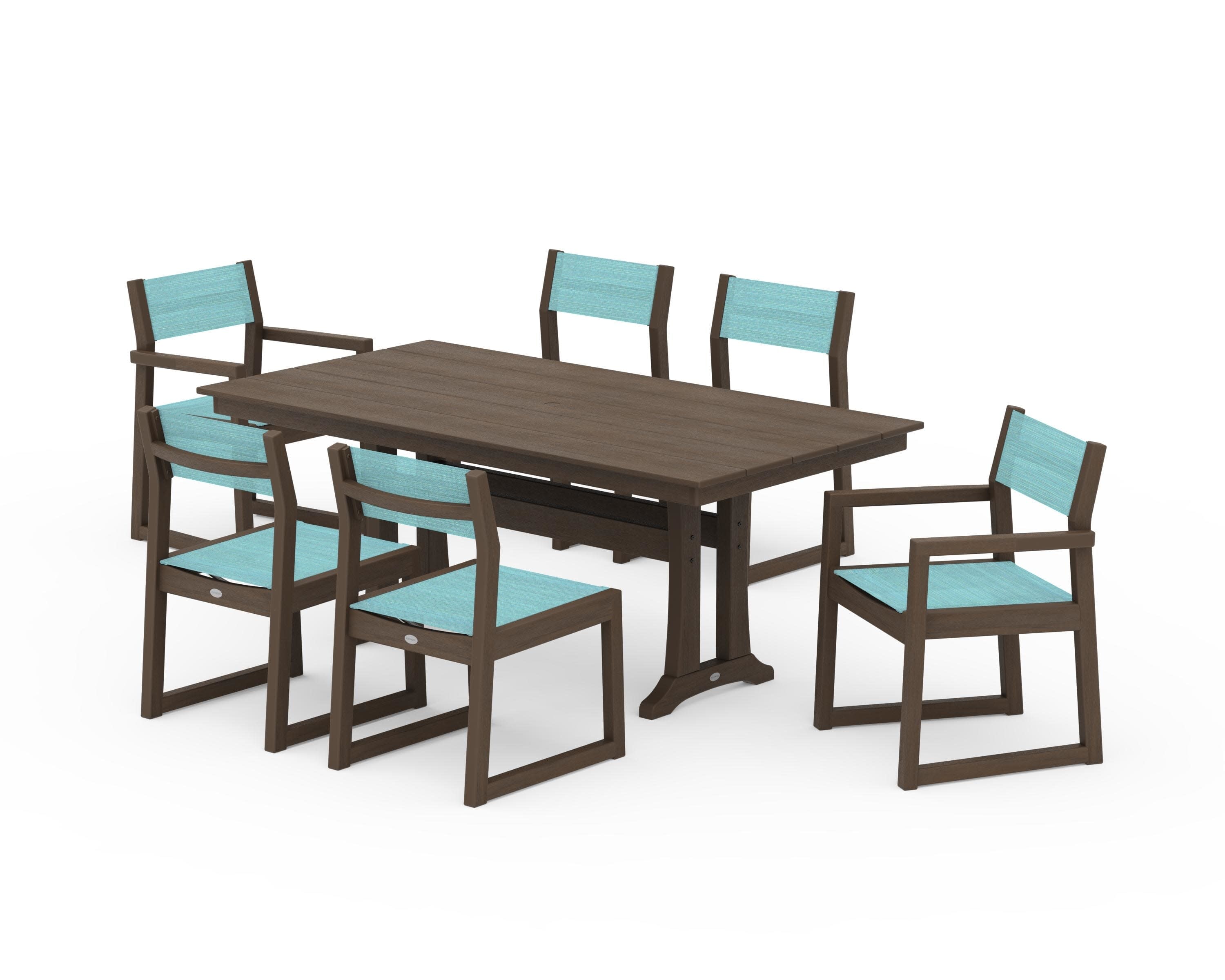 EDGE Sling 7-Piece Farmhouse Trestle Dining Set in Kona / Dupioni Aquamarine Sling