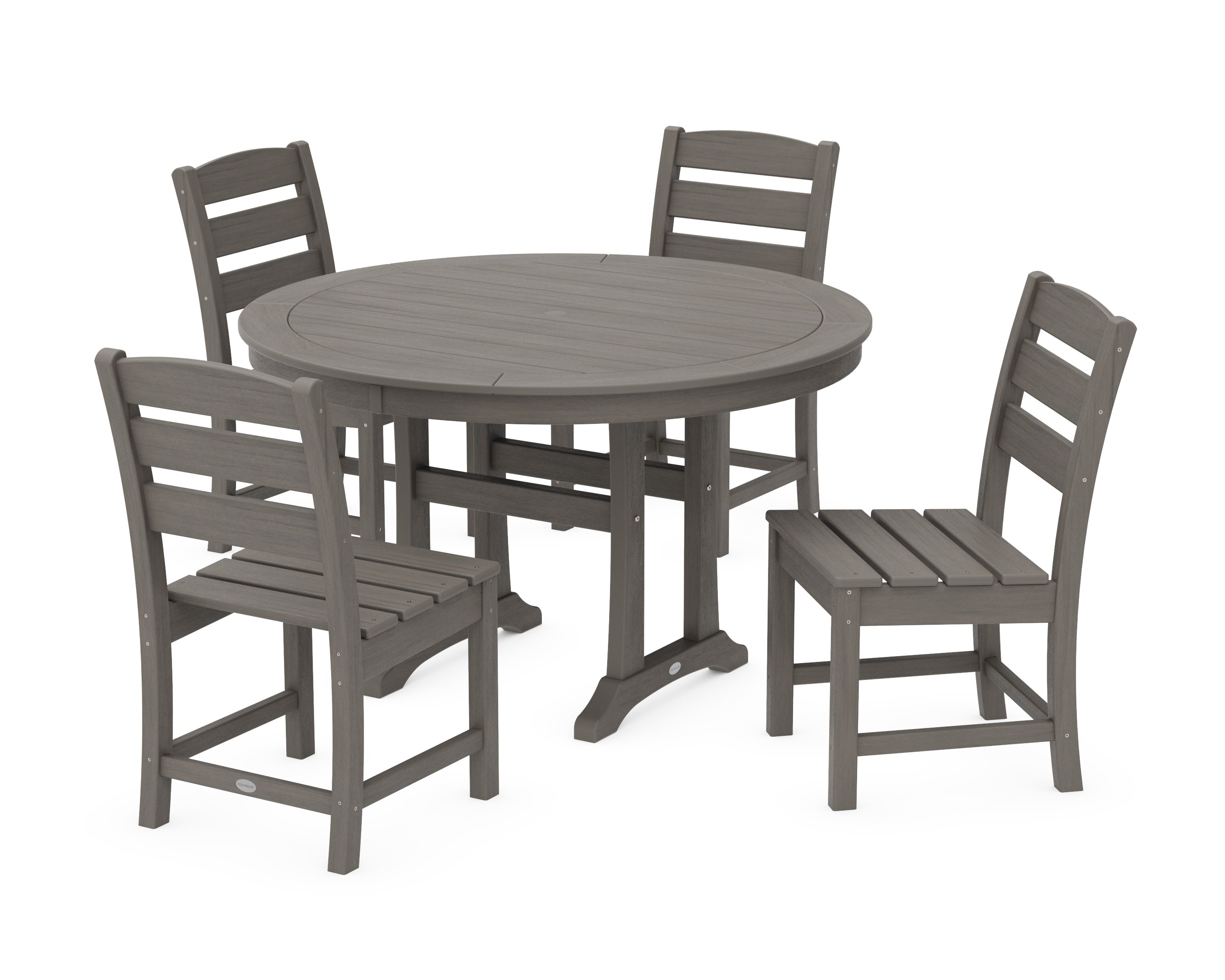 Lakeside Side Chair 5-Piece Round Dining Set With Trestle Legs in Driftwood