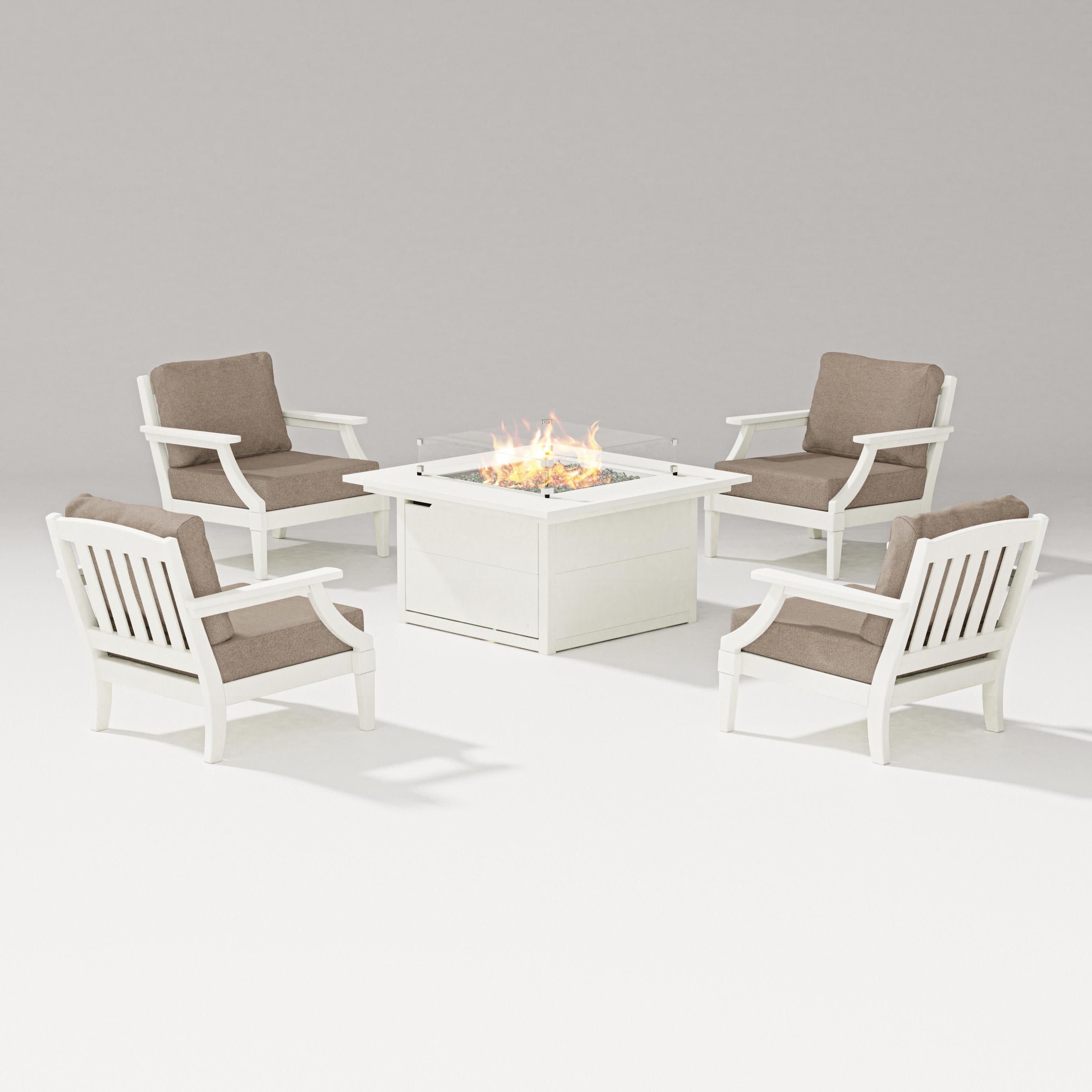 Estate 5-Piece Lounge Fire Table Set in Vintage White / Spiced Burlap