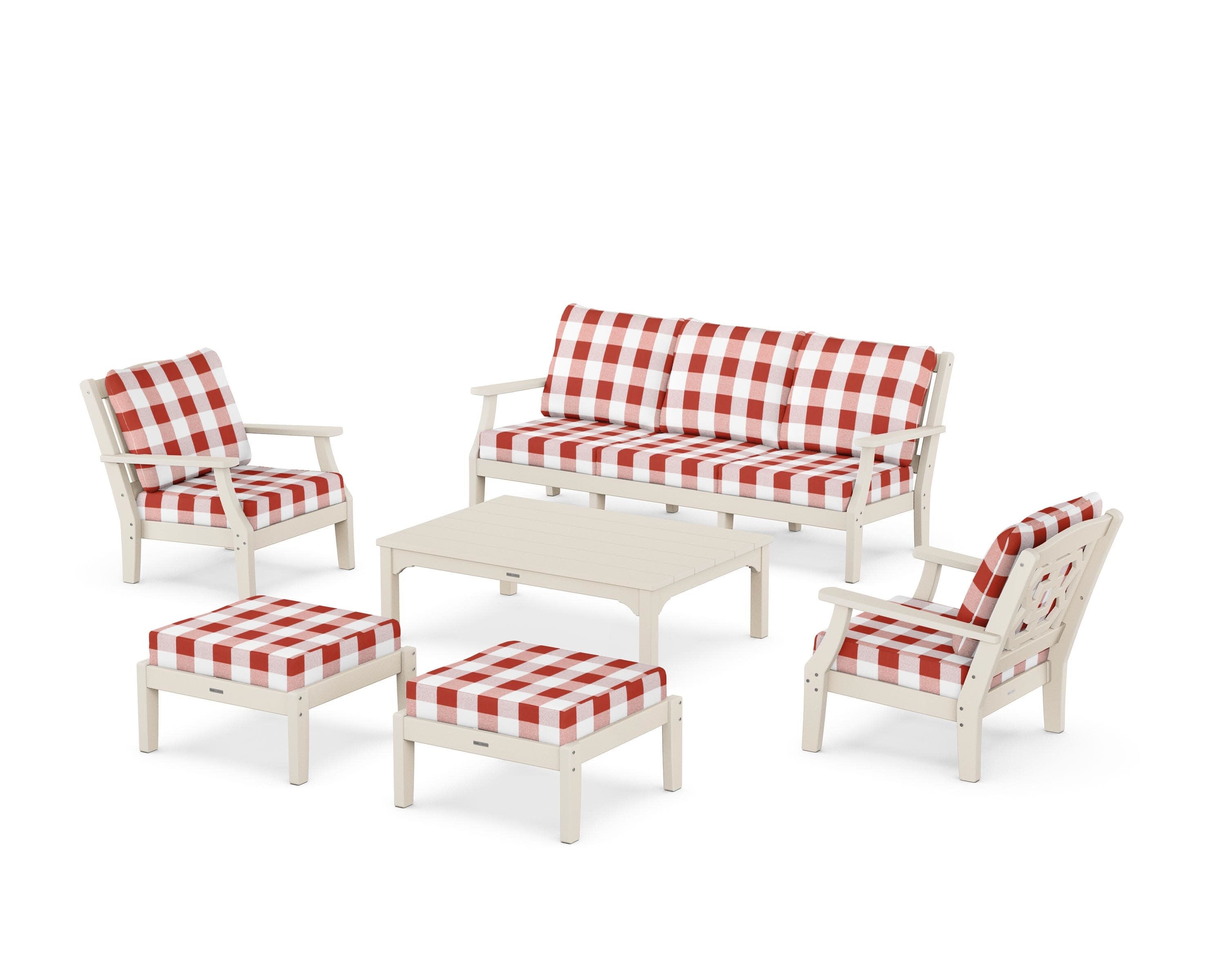 Chinoiserie 6-Piece Lounge Sofa Set in Sand / Buffalo Plaid Crimson