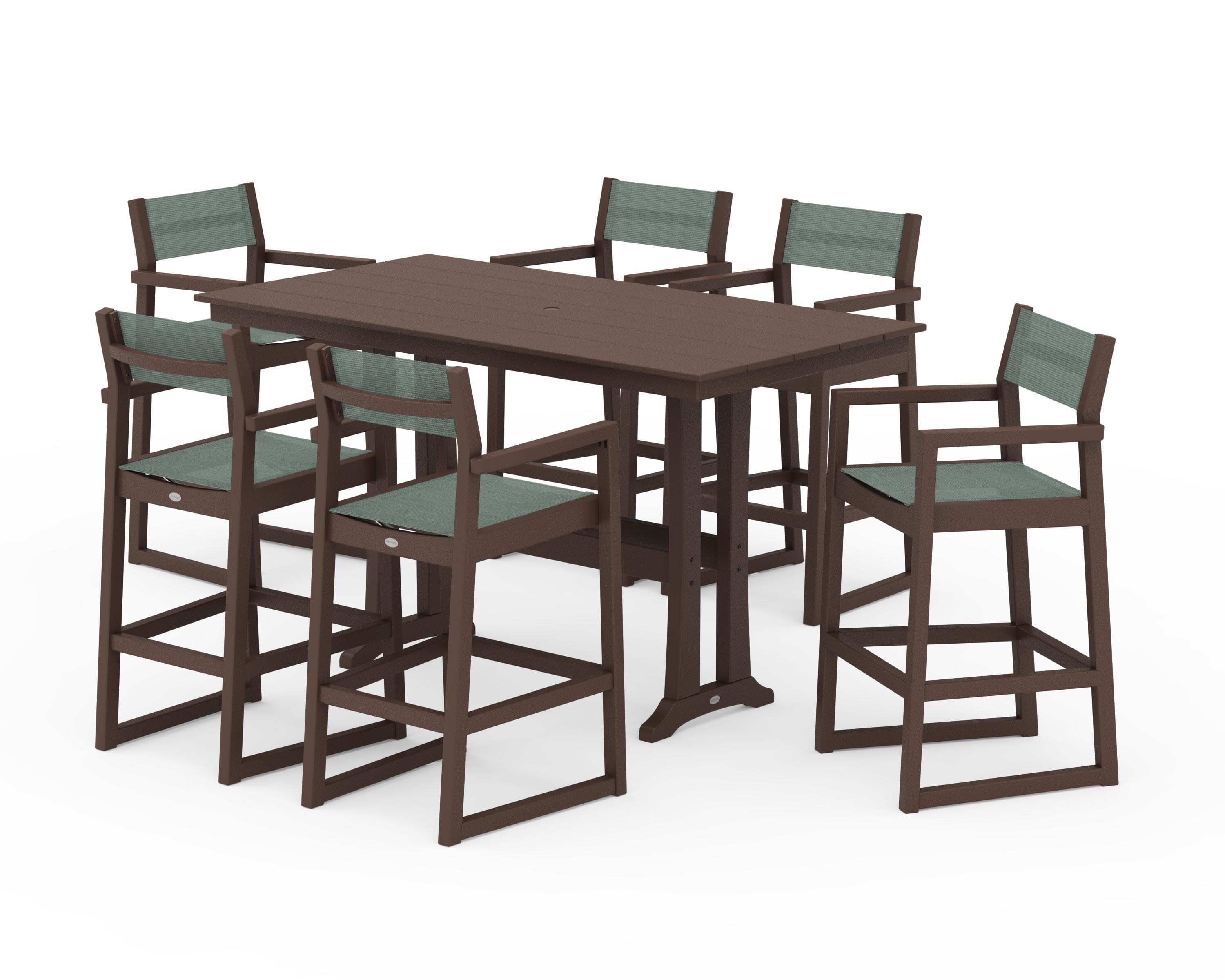 EDGE Sling Arm Chair 7-Piece Farmhouse Bar Set with Trestle Legs in Mahogany / Dupioni Sea Mist Sling