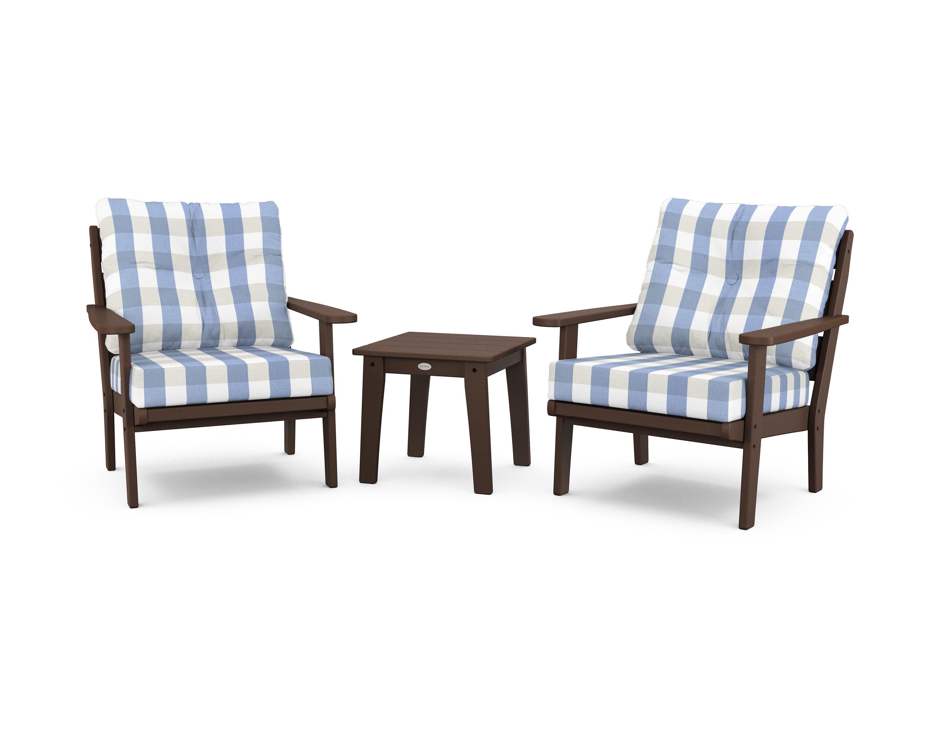 Lakeside 3-Piece Deep Seating Chair Set in Mahogany / Buffalo Plaid Sky Blue