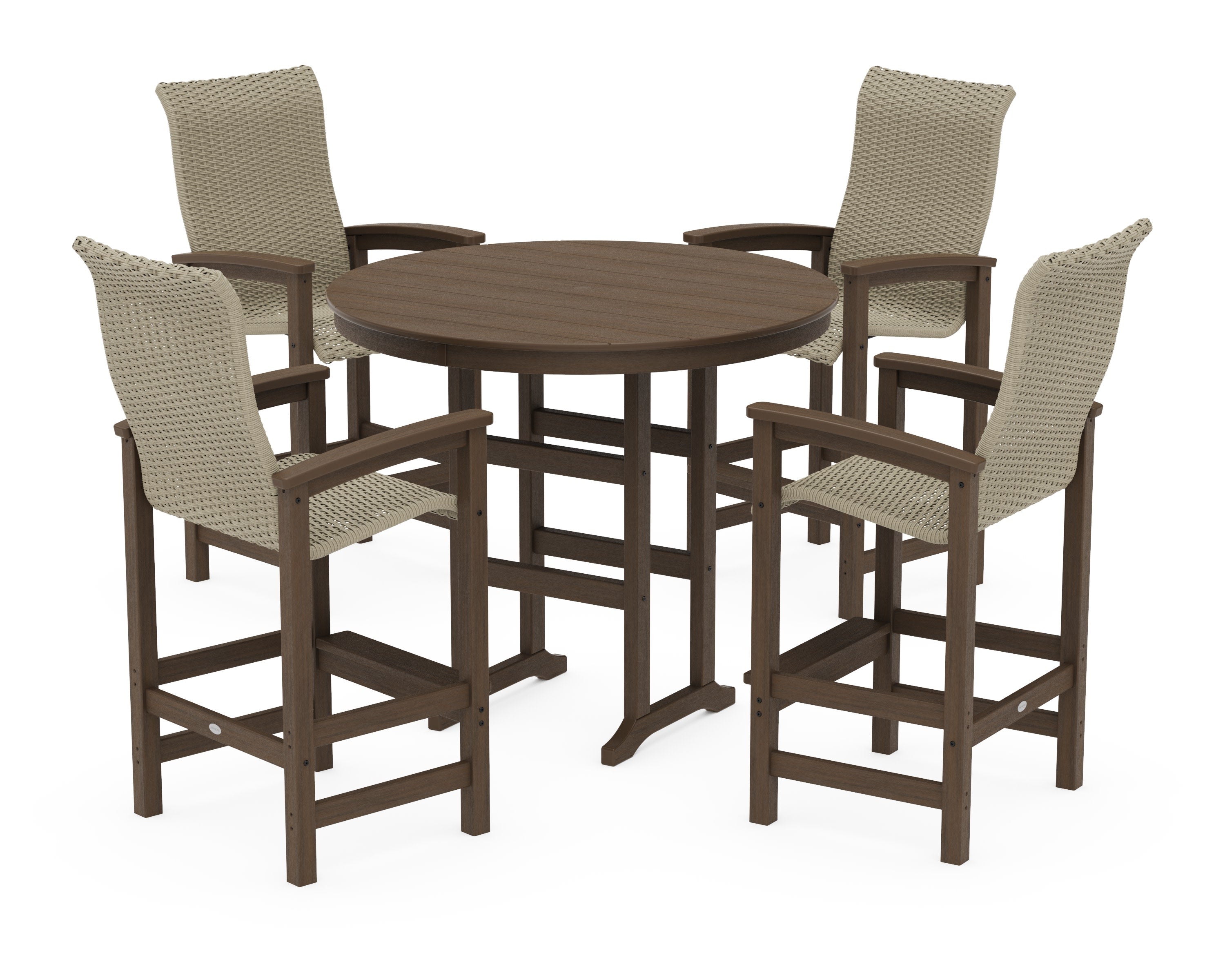 Coastal Woven High-Back 5-Piece Round Farmhouse Bar Set in Kona / Dune Grass