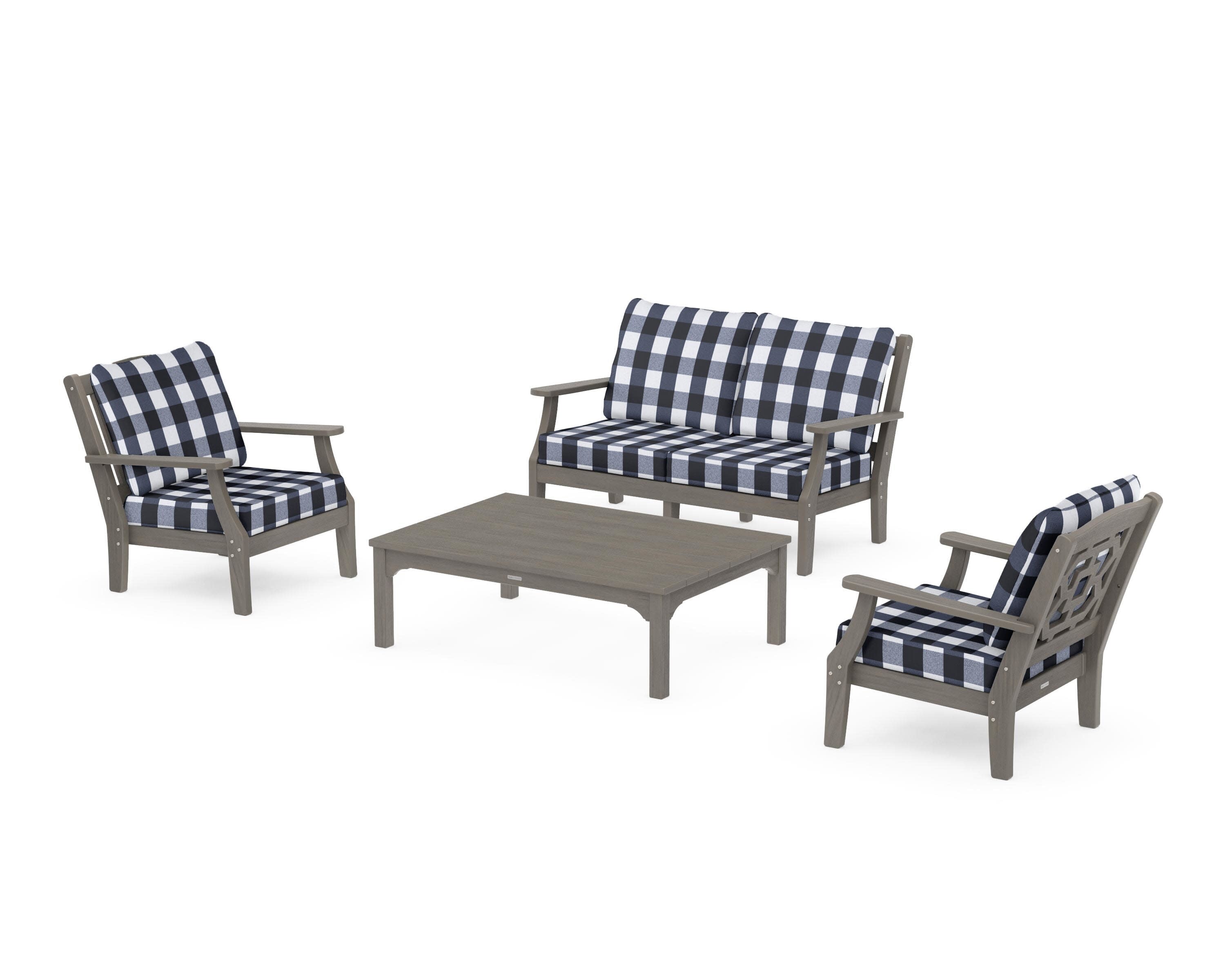 Chinoiserie 4-Piece Deep Seating Set with Loveseat in Driftwood / Buffalo Plaid Marine Indigo