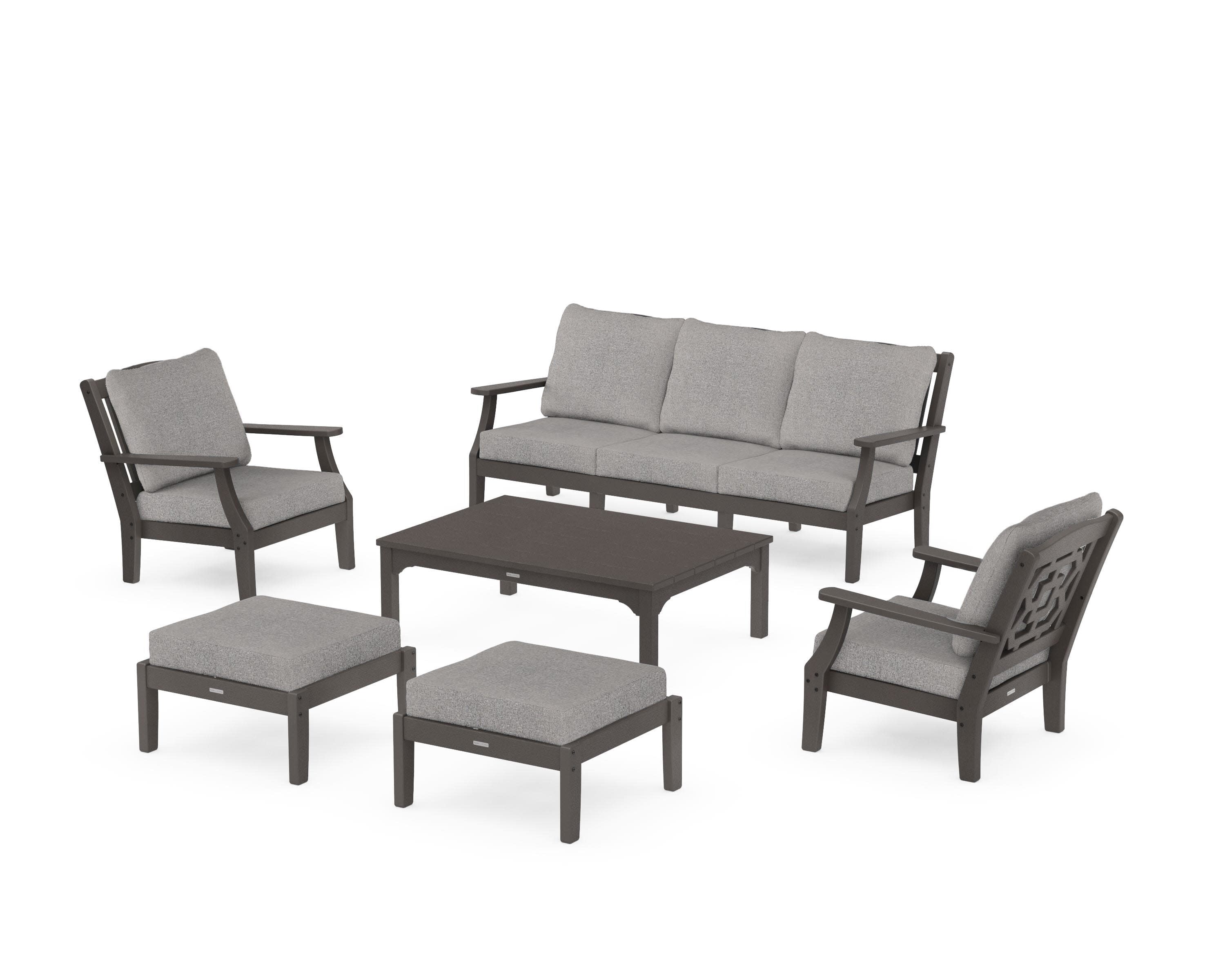 Chinoiserie 6-Piece Lounge Sofa Set in Vintage Coffee / Grey Mist