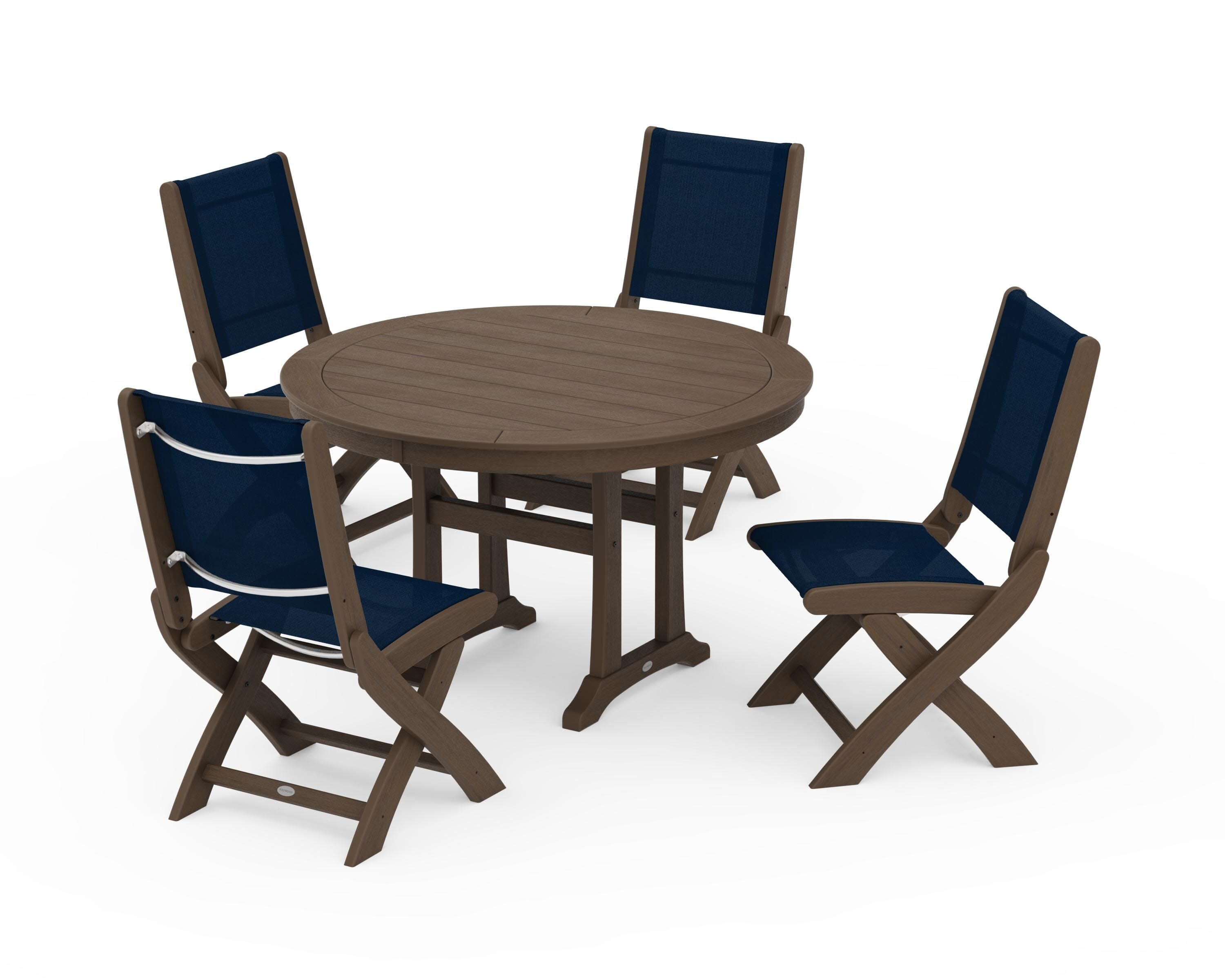 Coastal Folding Side Chair 5-Piece Round Dining Set With Trestle Legs in Kona / Navy Blue Sling