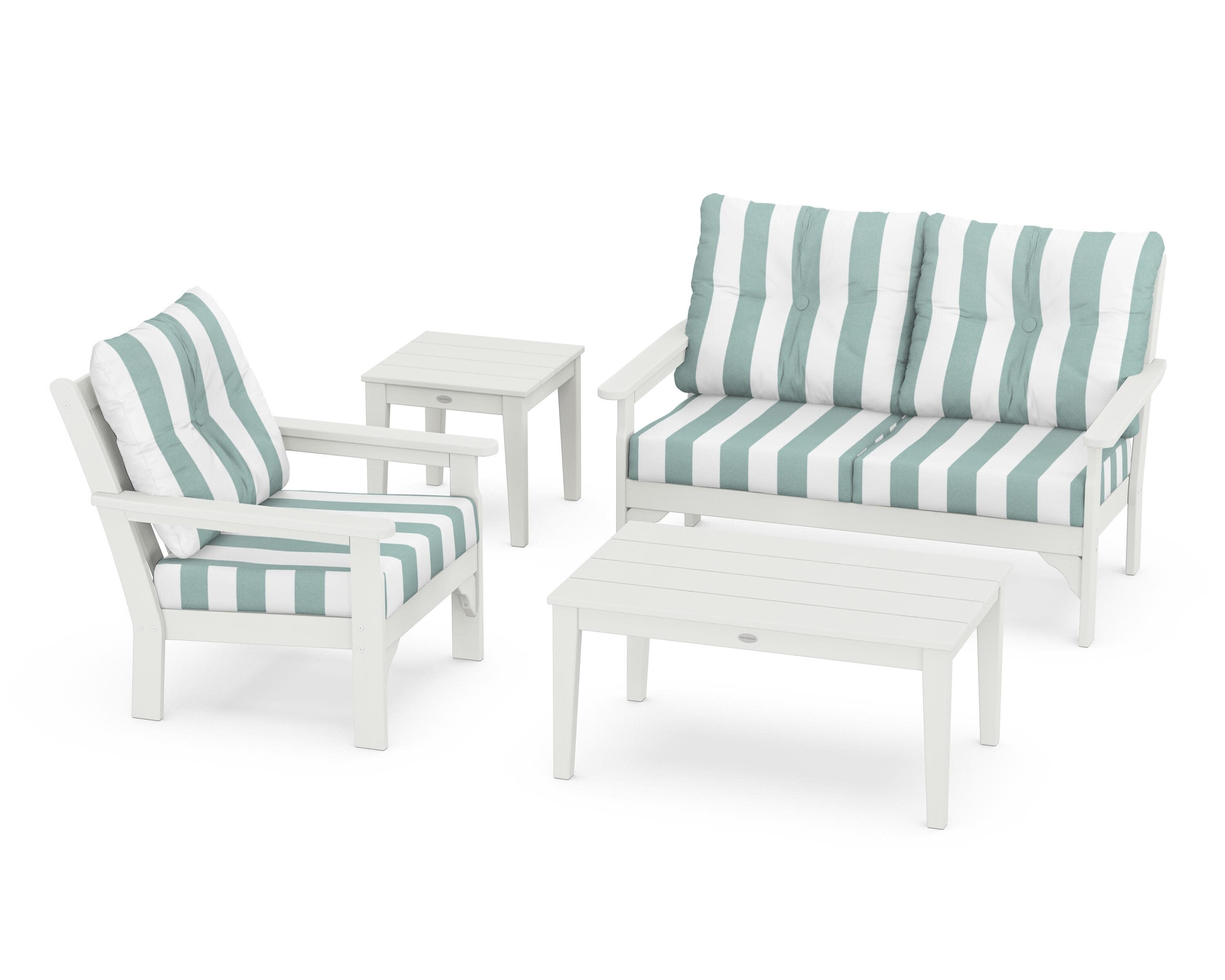 Vineyard 4-Piece Deep Seating Set in Vintage White / Cabana Stripe Glacier Spa