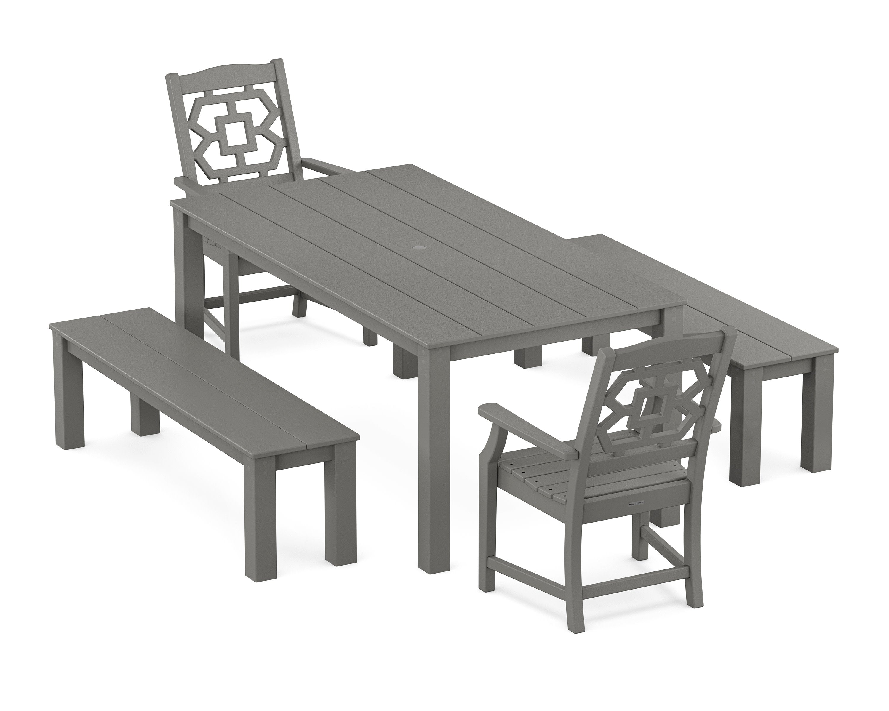 Chinoiserie 5-Piece Parsons Dining Set with Benches in Slate Grey