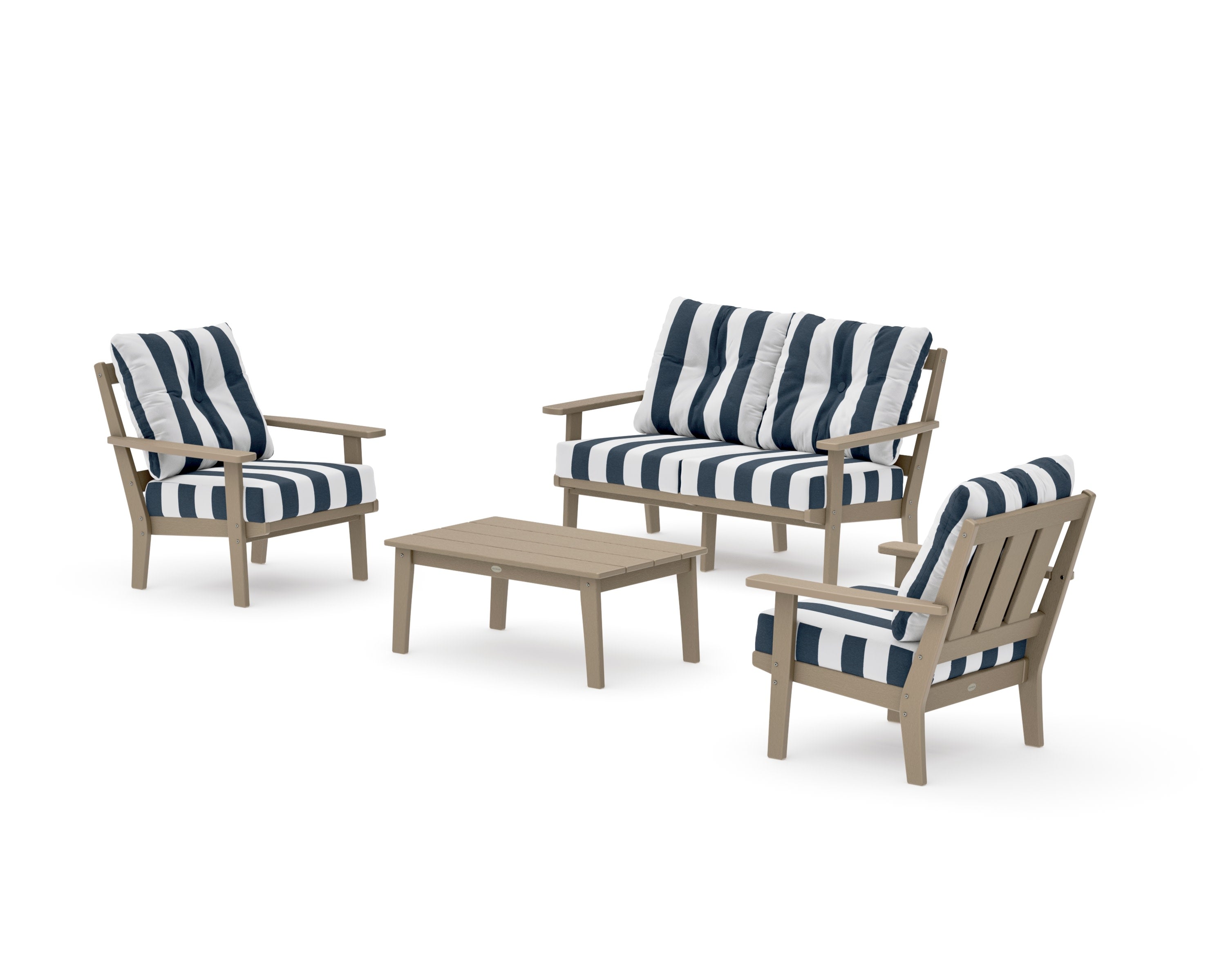 Oxford 4-Piece Deep Seating Set with Loveseat in Vintage Sahara / Cabana Stripe Marine Indigo
