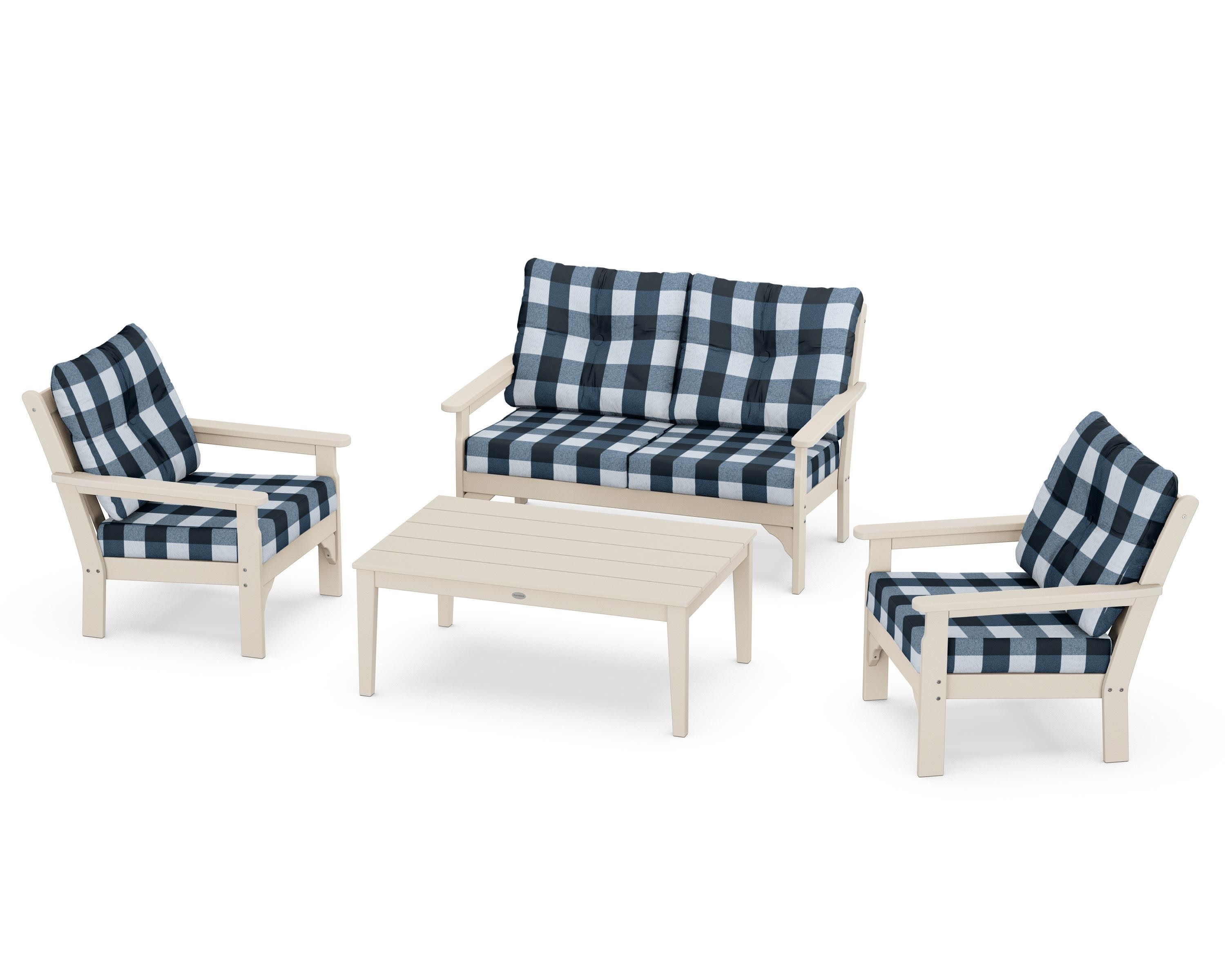 Vineyard 4-Piece Deep Seating Set in Sand / Buffalo Plaid Marine Indigo
