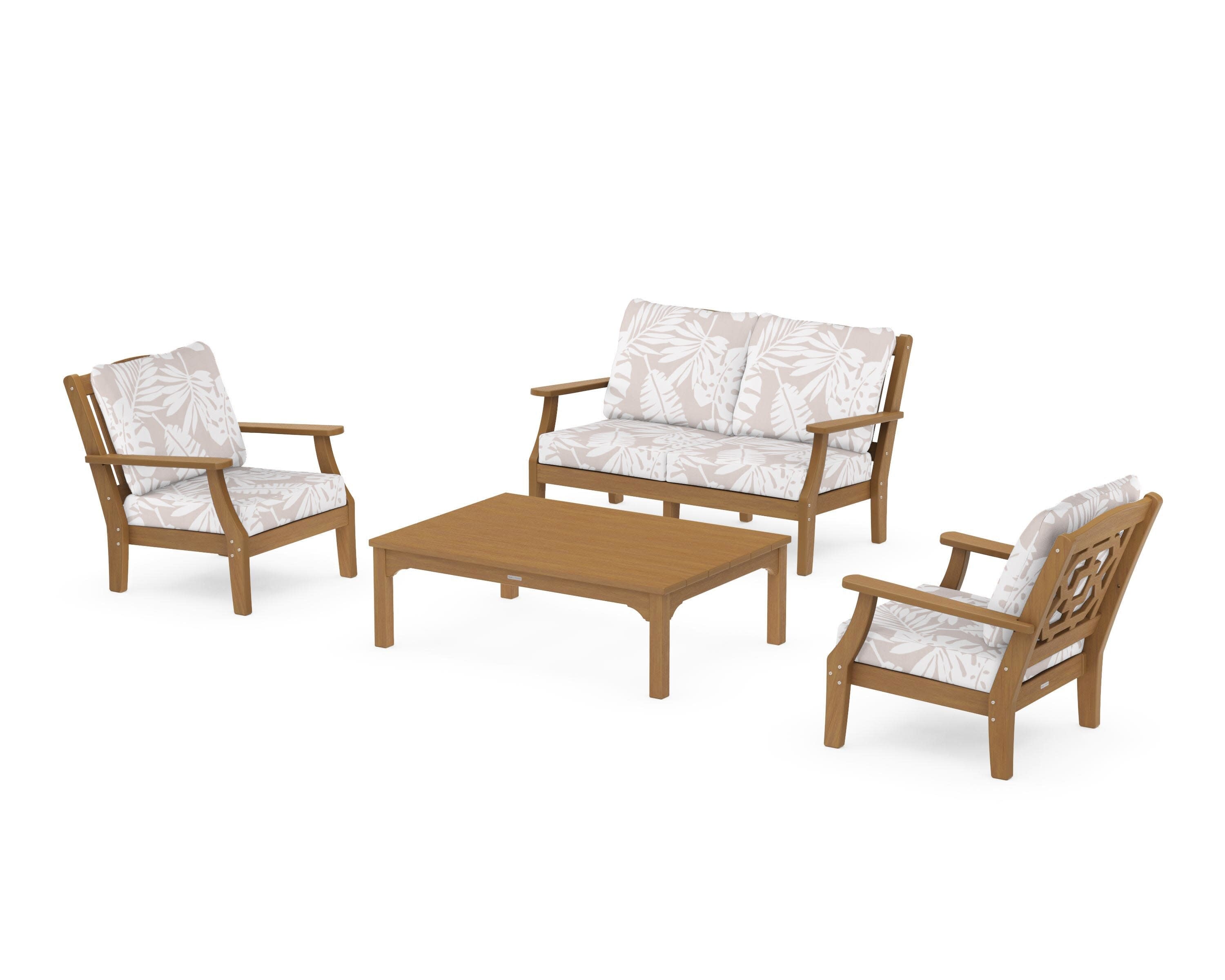 Chinoiserie 4-Piece Deep Seating Set with Loveseat in Natural / Leaf Dune Burlap