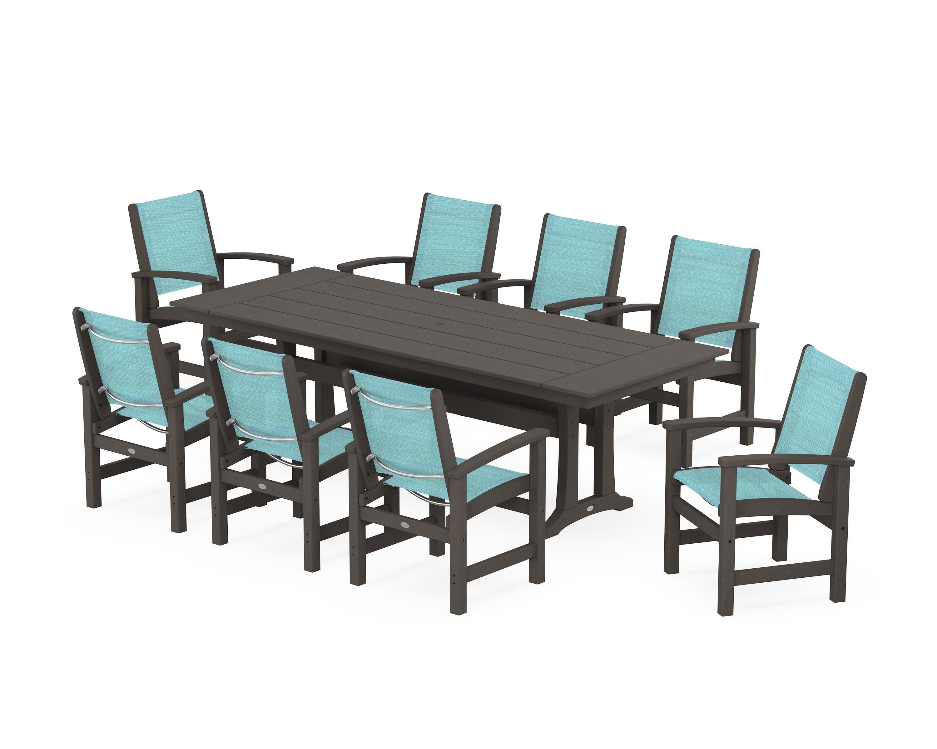 Coastal 9-Piece Farmhouse Dining Set with Trestle Legs in Vintage Coffee / Dupioni Aquamarine Sling