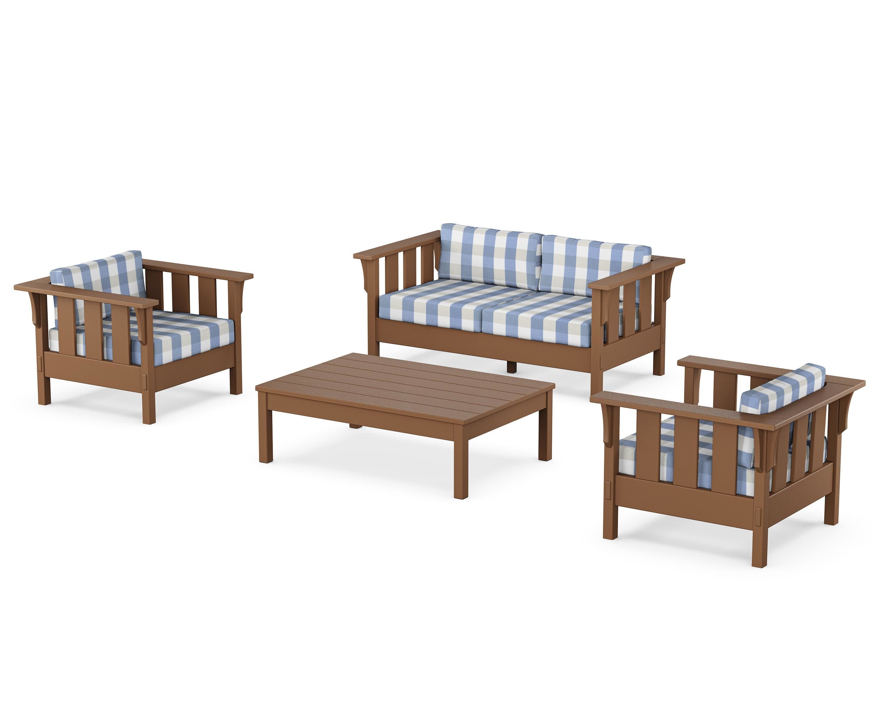 Acadia 4-Piece Deep Seating Set with Loveseat in Teak / Buffalo Plaid Sky Blue