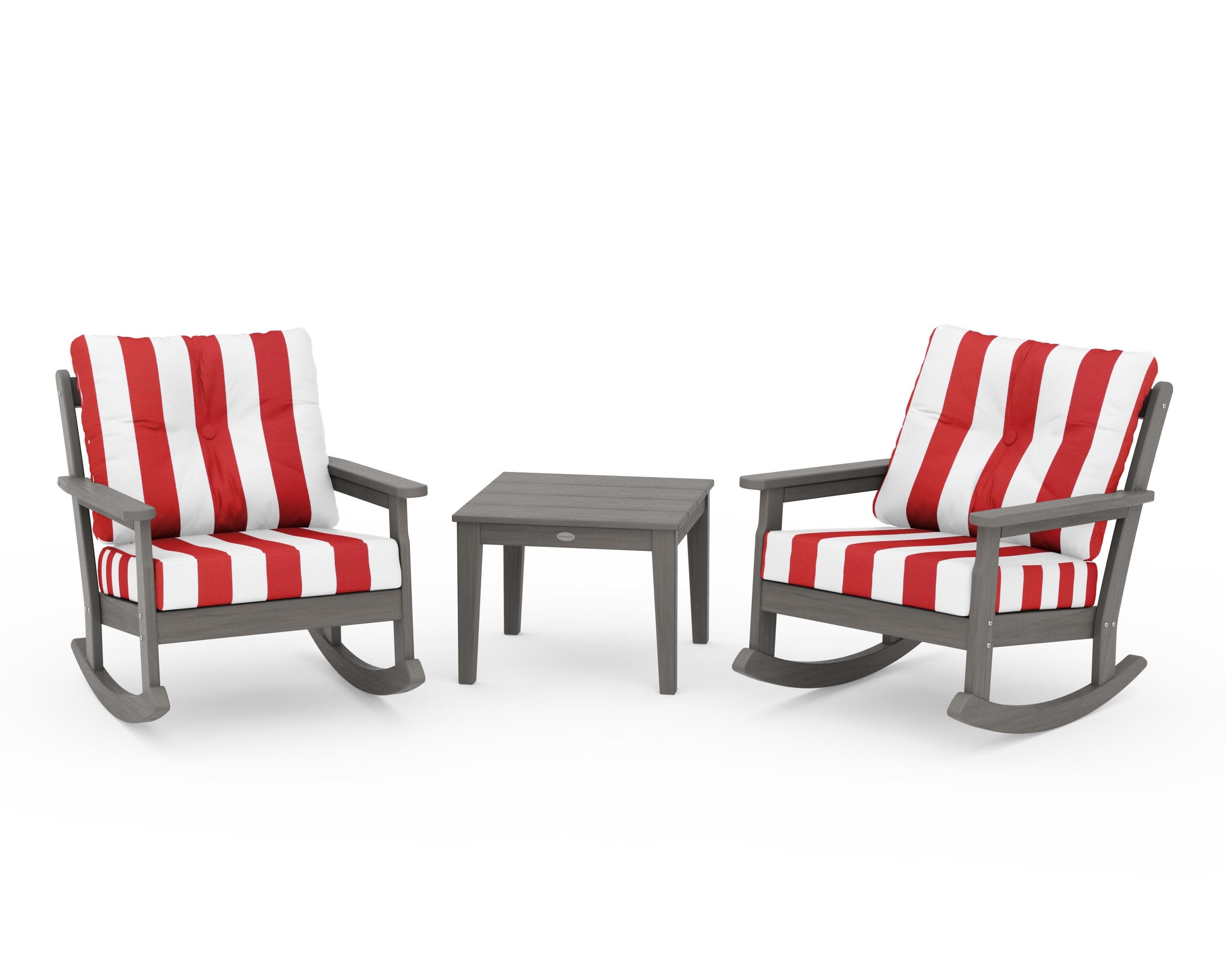 Vineyard 3-Piece Deep Seating Rocker Set in Driftwood / Cabana Stripe Crimson