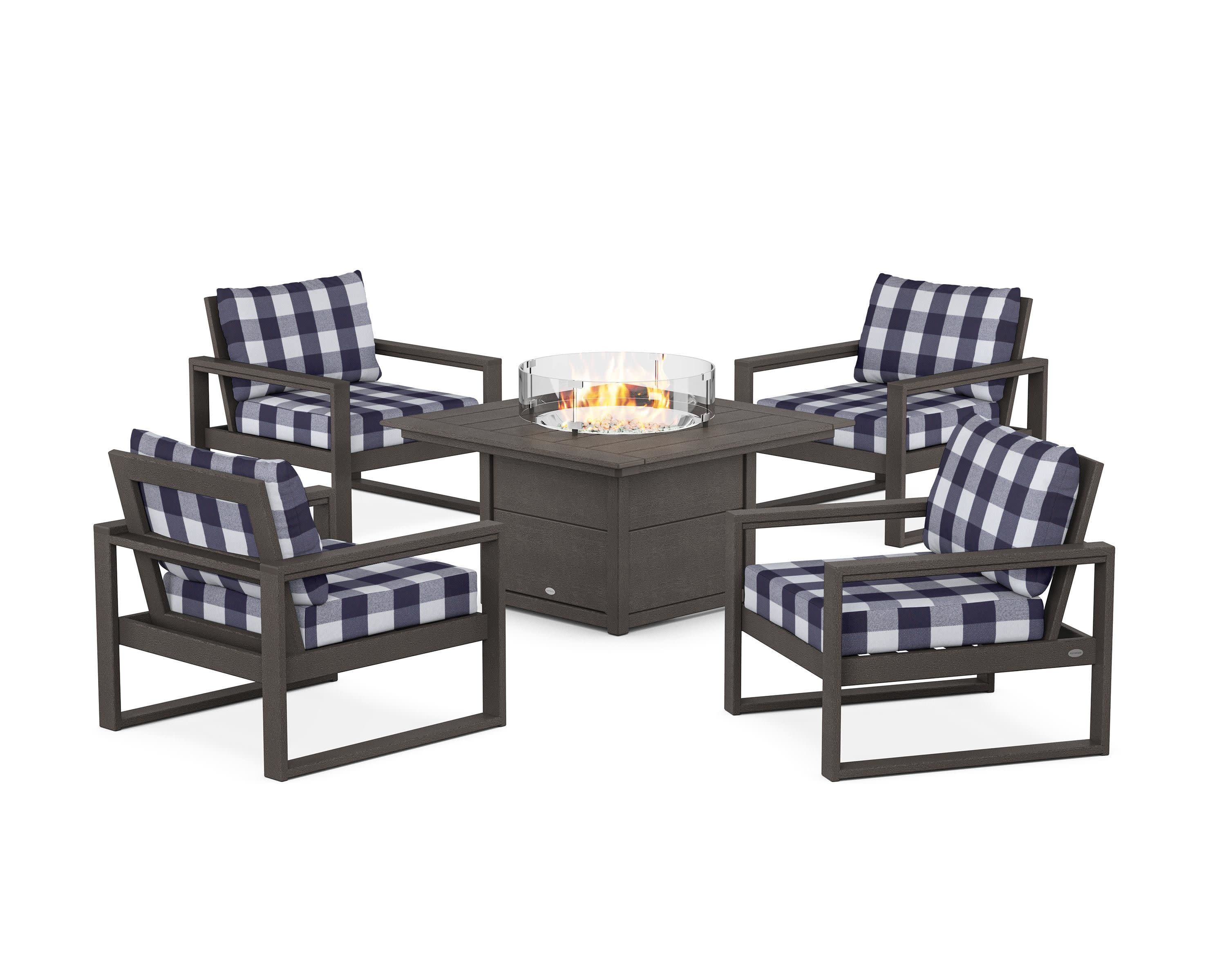 EDGE Sectional 5-Piece Deep Seating Set with Fire Pit Table in Vintage Coffee / Buffalo Plaid Navy