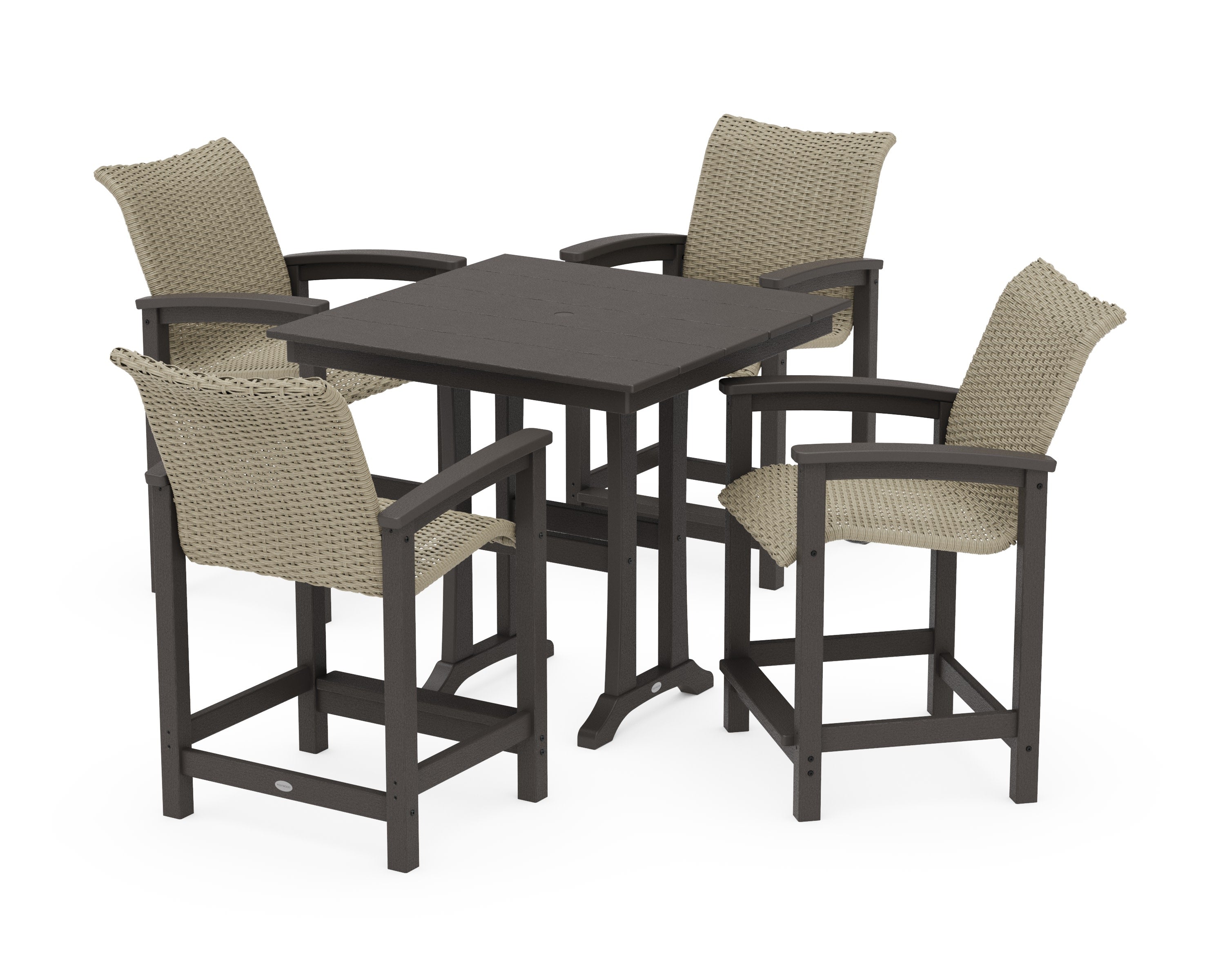 Coastal Woven 5-Piece Farmhouse Counter Set with Trestle Legs in Vintage Coffee / Dune Grass