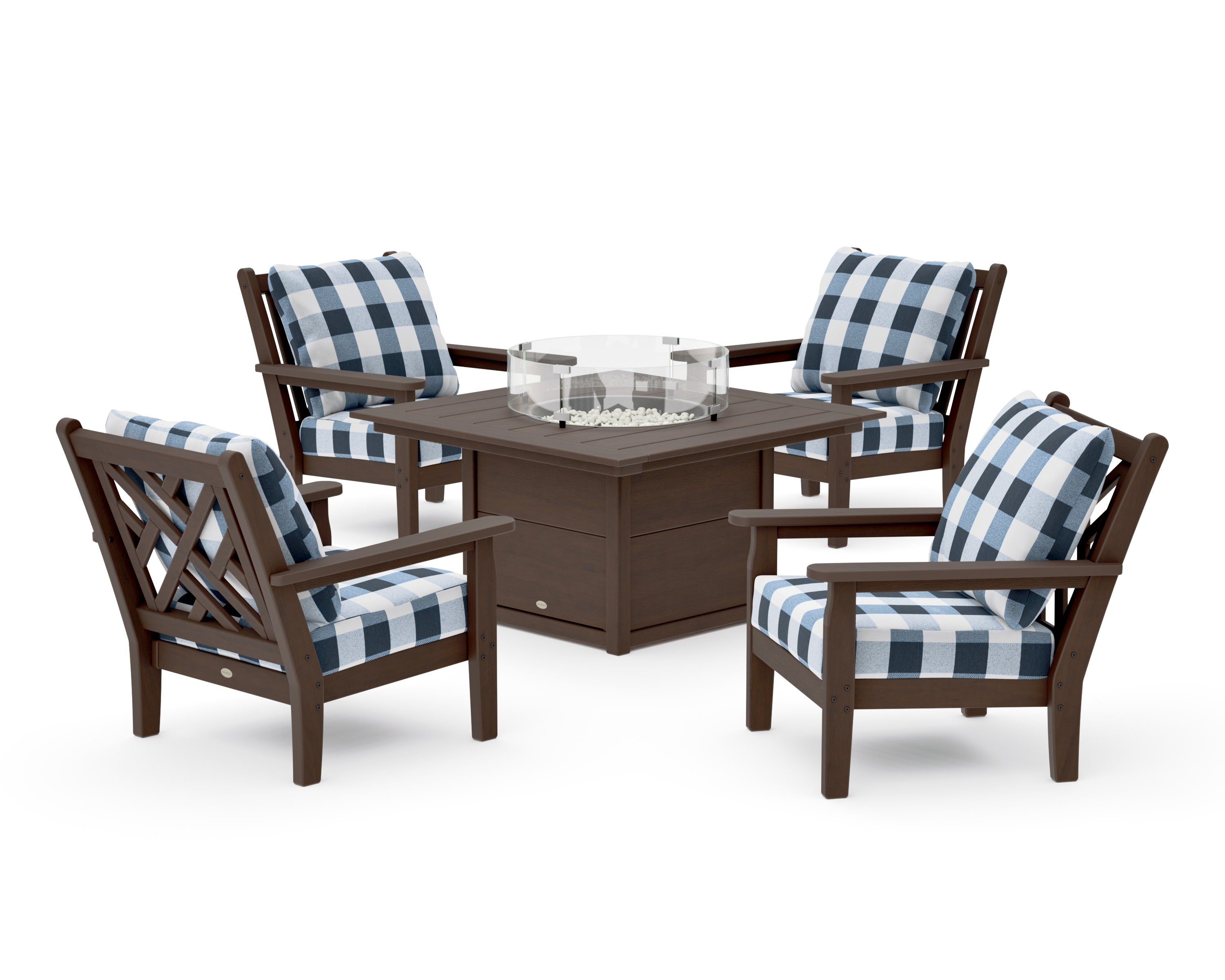 Chippendale 5-Piece Deep Seating Set with Fire Pit Table in Kona / Buffalo Plaid Marine Indigo
