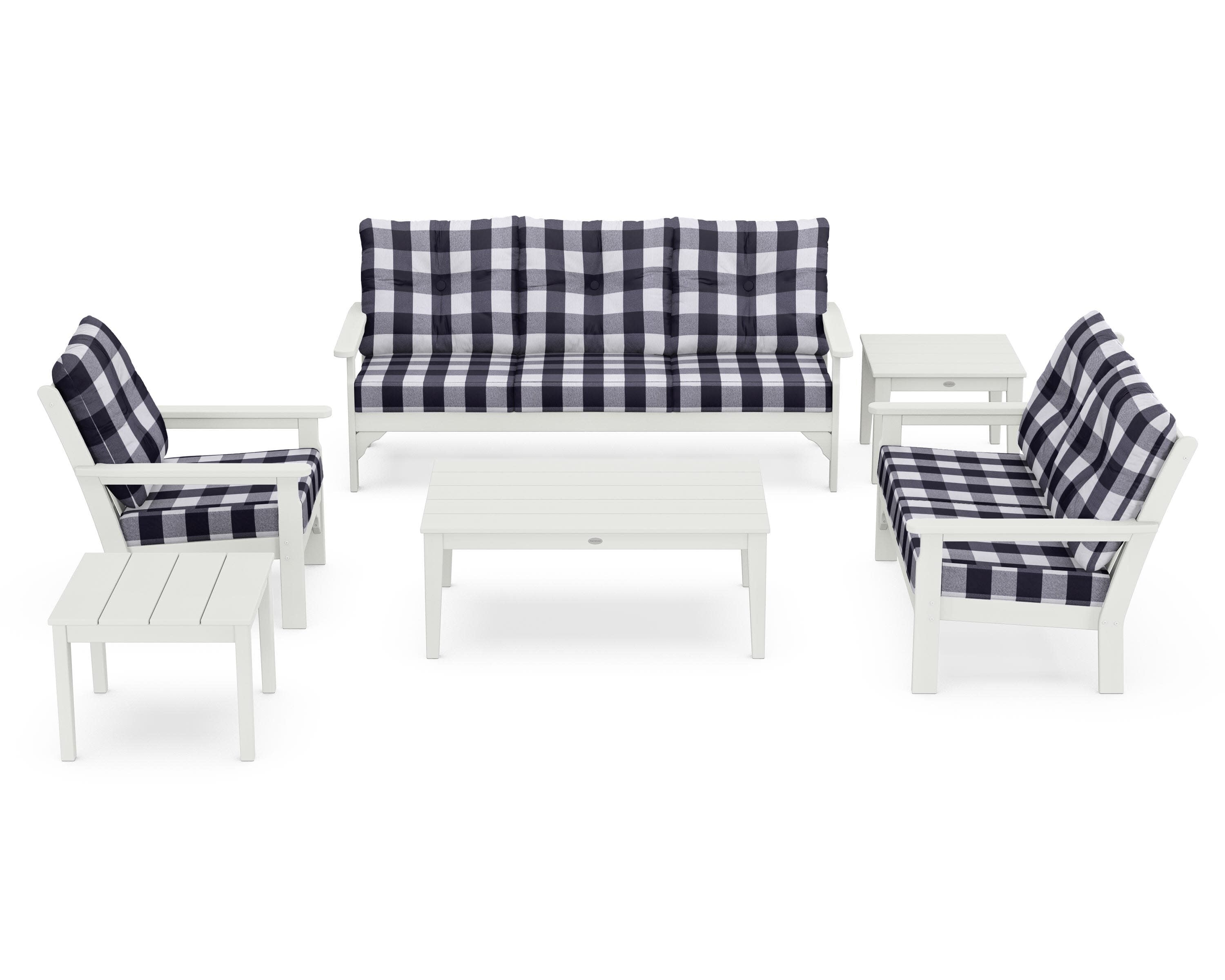 Vineyard 6-Piece Deep Seating Set in Vintage White / Buffalo Plaid Navy