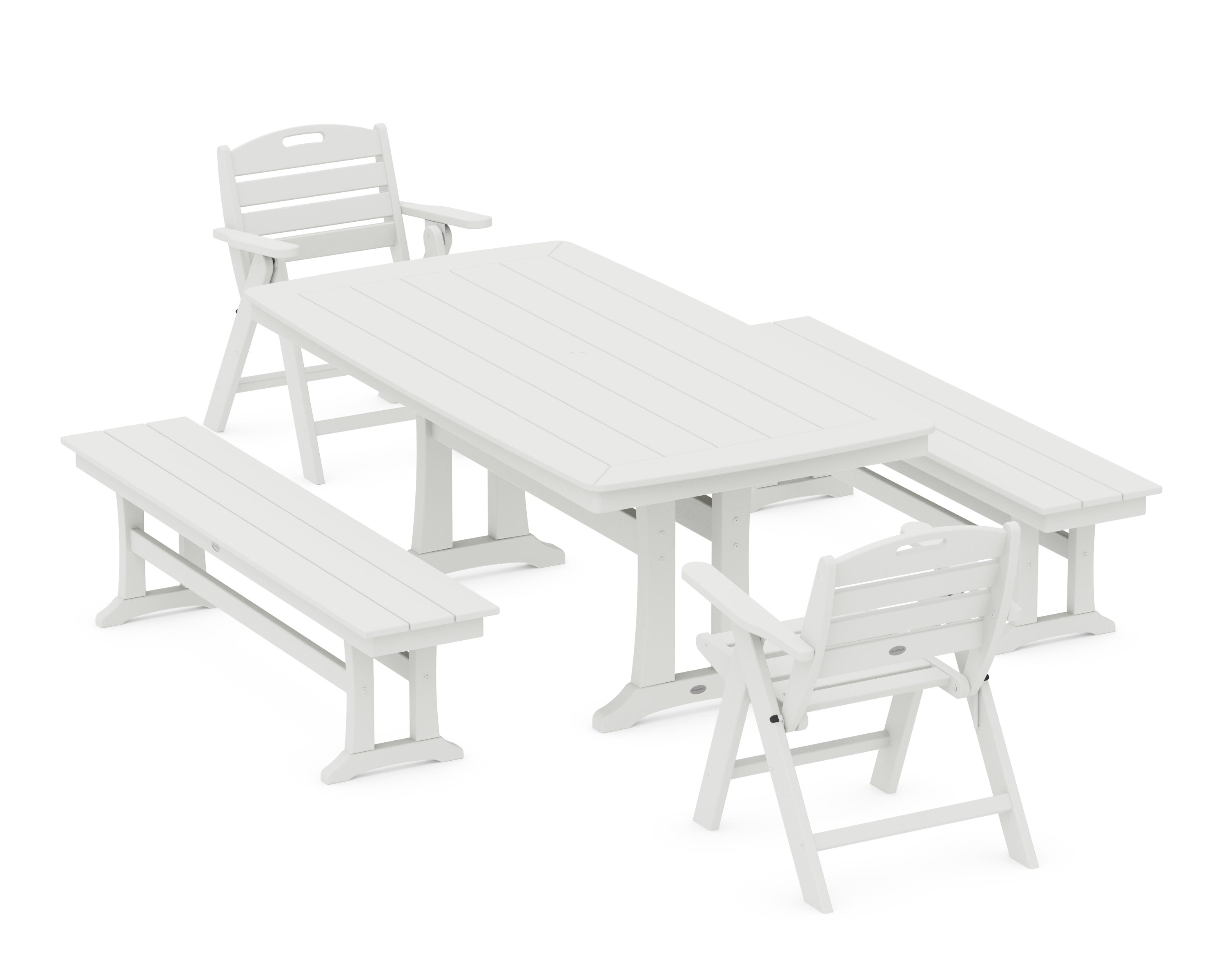 Nautical Folding Lowback Chair 5-Piece Dining Set with Trestle Legs and Benches in Vintage White