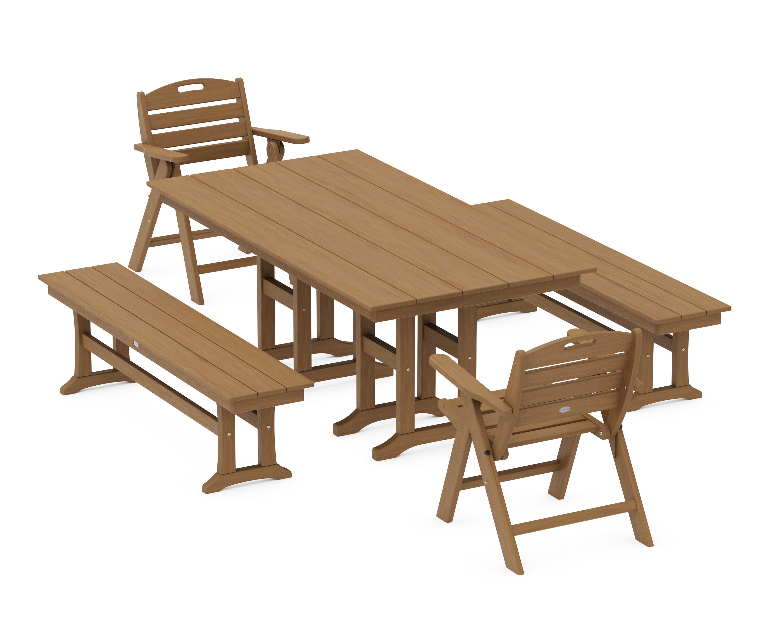 Nautical Lowback 5-Piece Farmhouse Dining Set with Benches in Natural