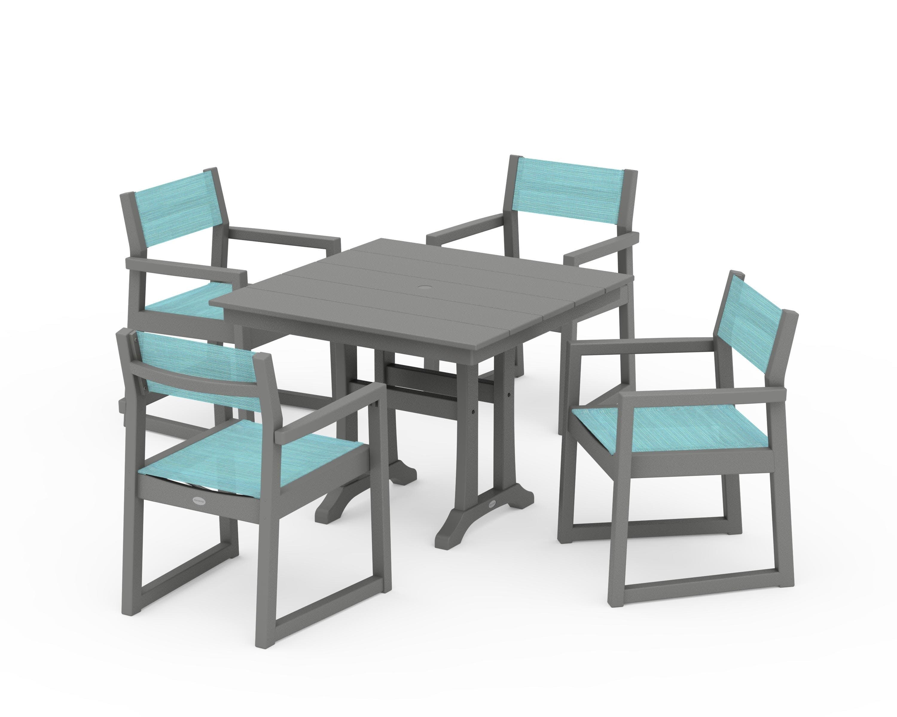 EDGE Sling 5-Piece Farmhouse Dining Set with Trestle Legs in Slate Grey / Dupioni Aquamarine Sling