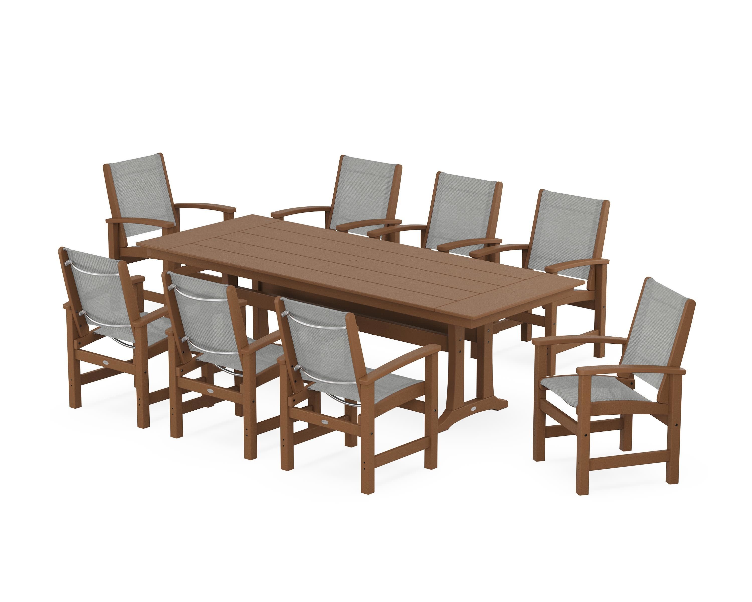Coastal 9-Piece Farmhouse Dining Set with Trestle Legs in Teak / Metallic Sling