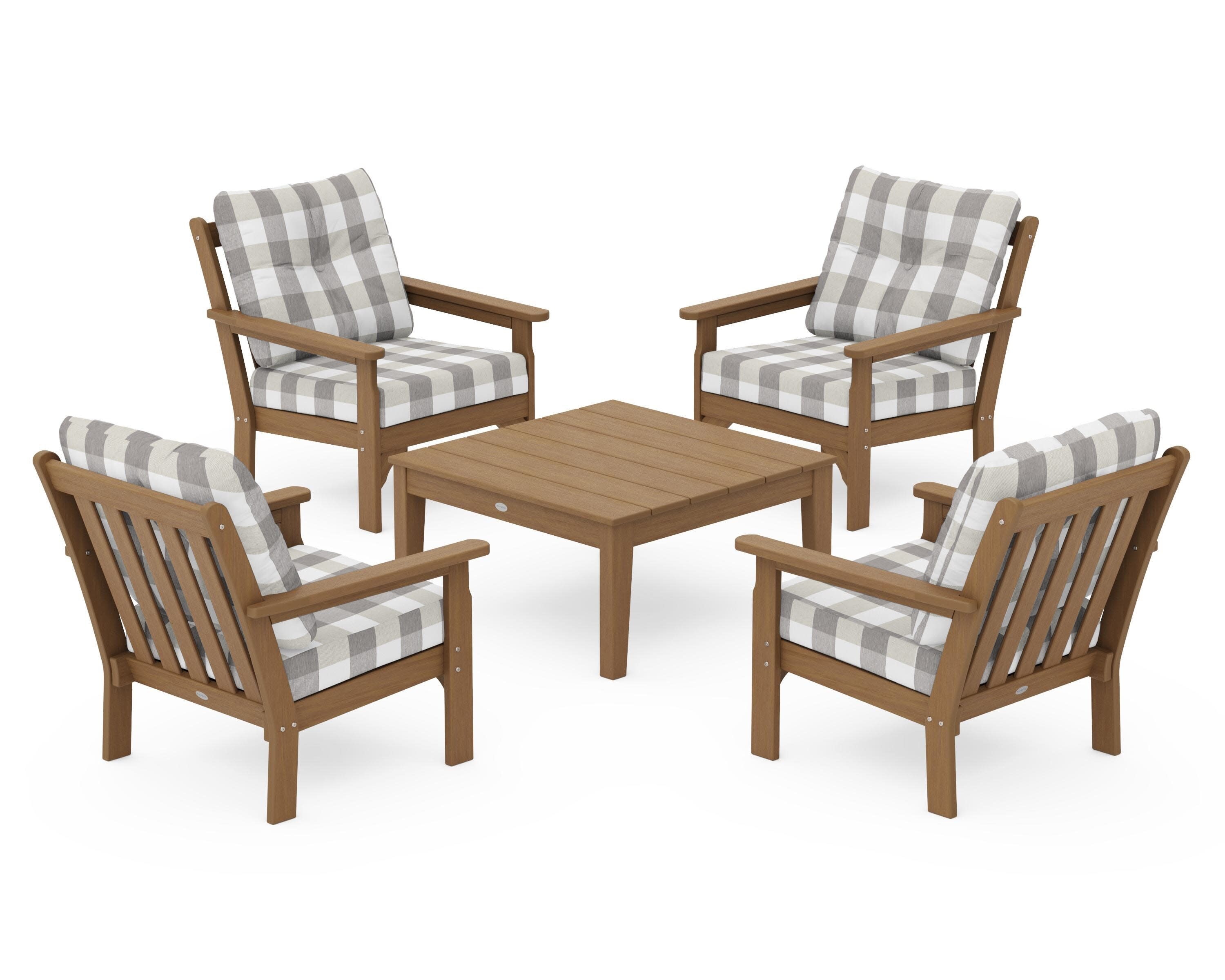 Vineyard 5-Piece Deep Seating Conversation Set in Natural / Buffalo Plaid Grey Mist