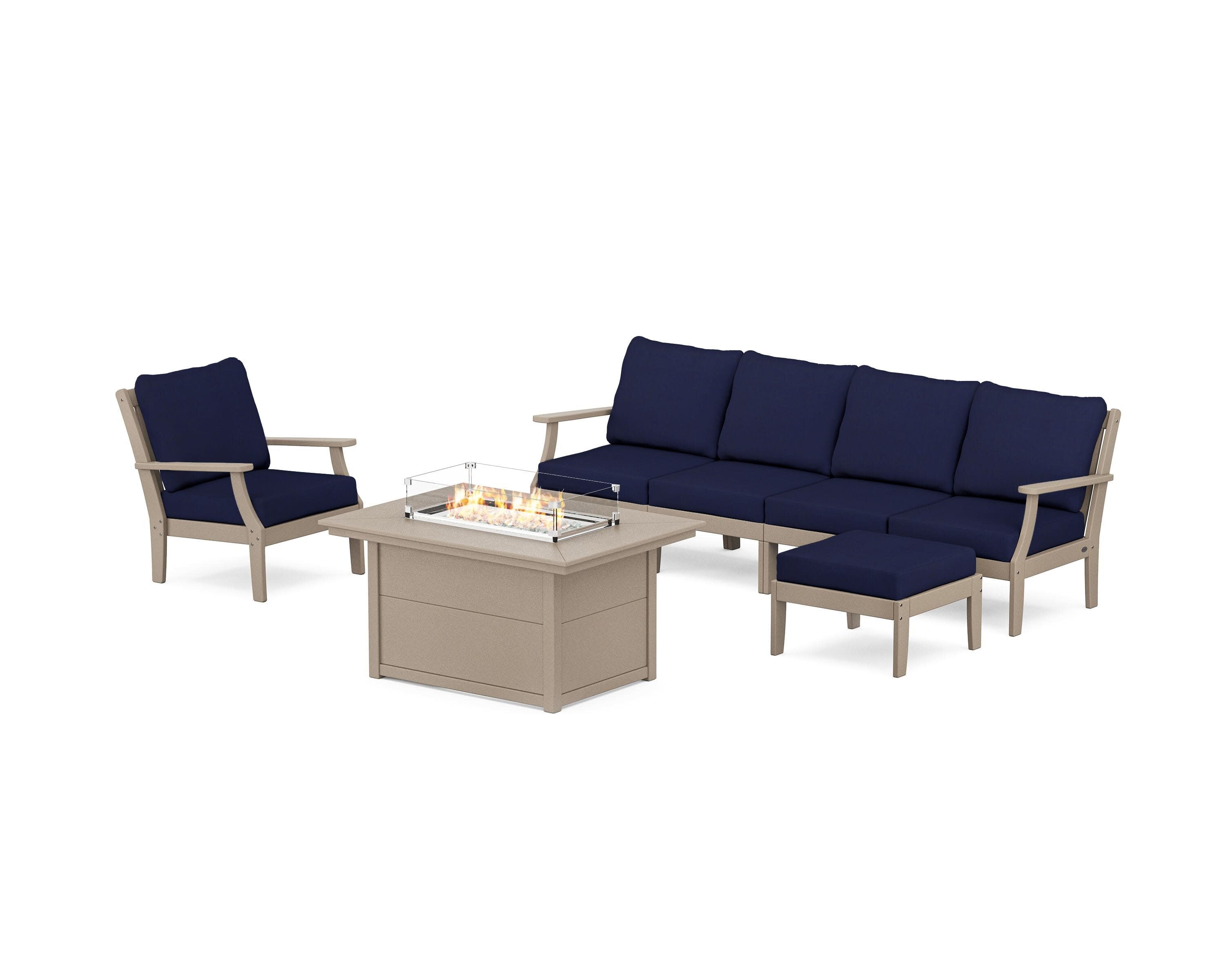 Braxton Sectional Lounge and Fire Pit Set in Vintage Sahara / Navy