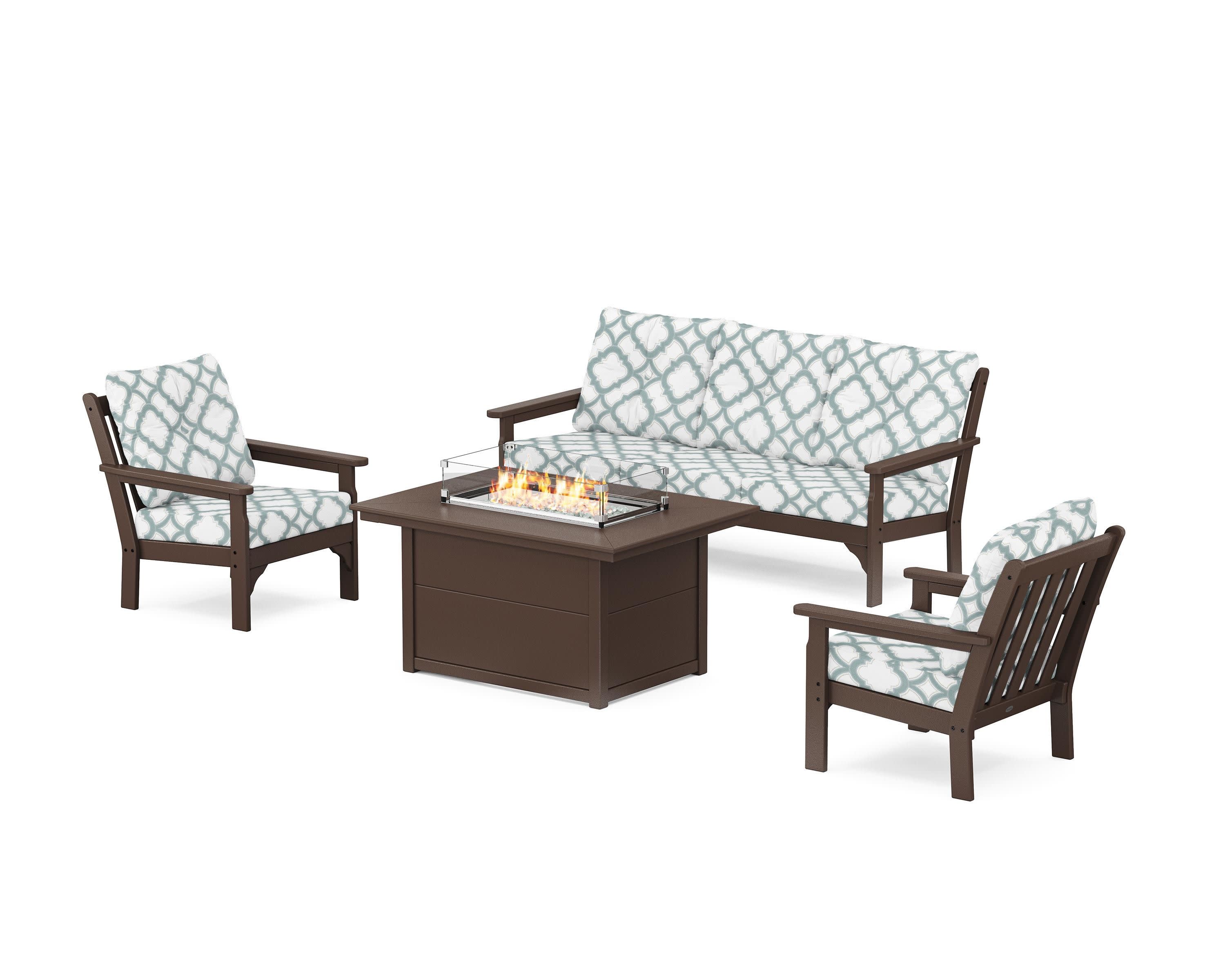 Vineyard Deep Seating Fire Pit Table Set in Mahogany / Trellis Glacier Spa