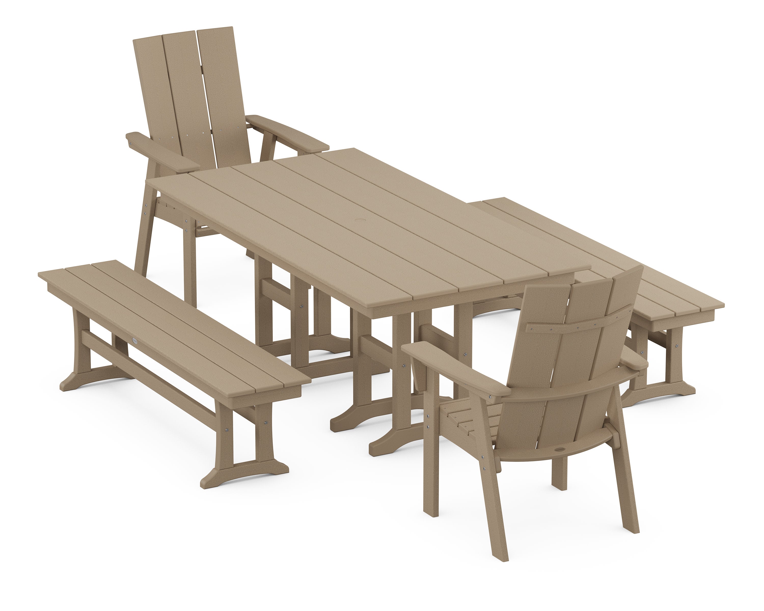 Modern Curveback Adirondack 5-Piece Farmhouse Dining Set with Benches in Vintage Sahara