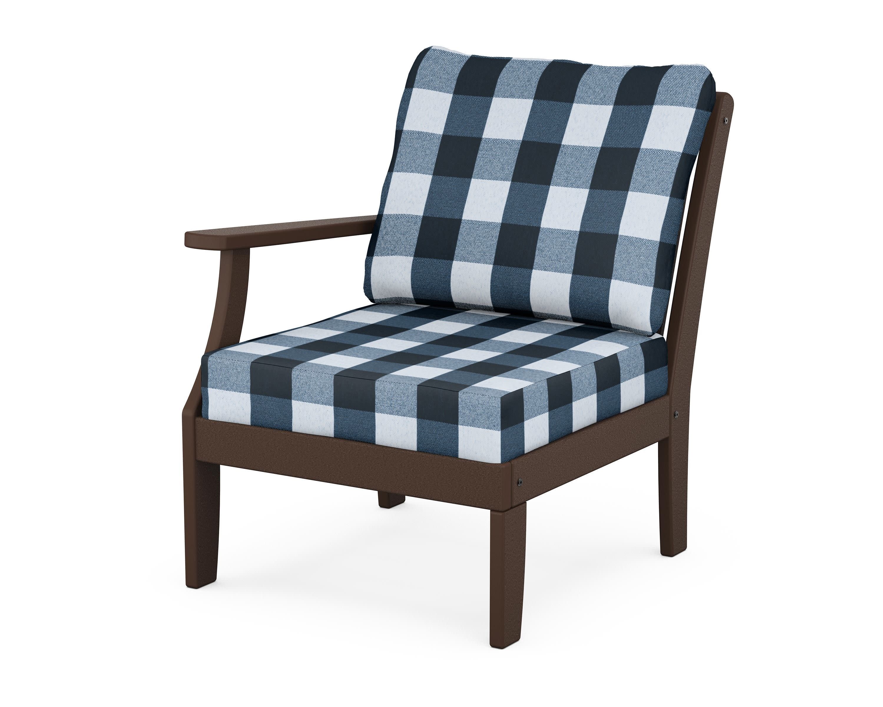 Braxton Modular Left Arm Chair in Mahogany / Buffalo Plaid Marine Indigo