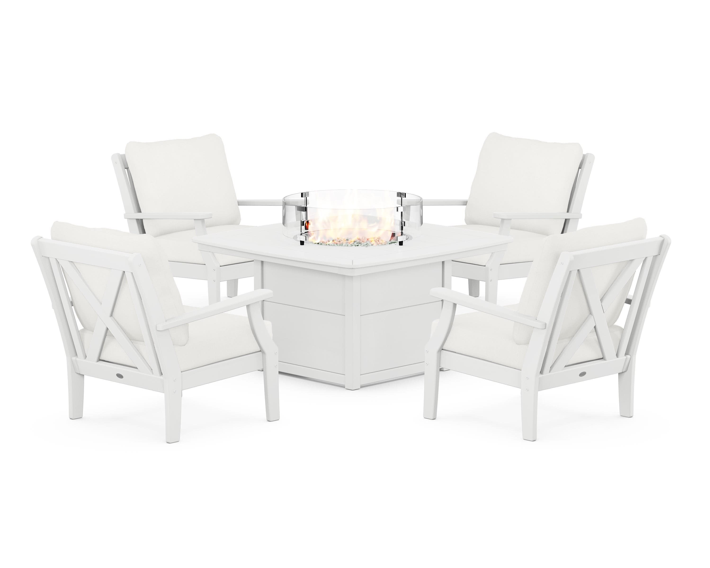 Braxton 5-Piece Deep Seating Conversation Set with Fire Pit Table in White / Natural Linen