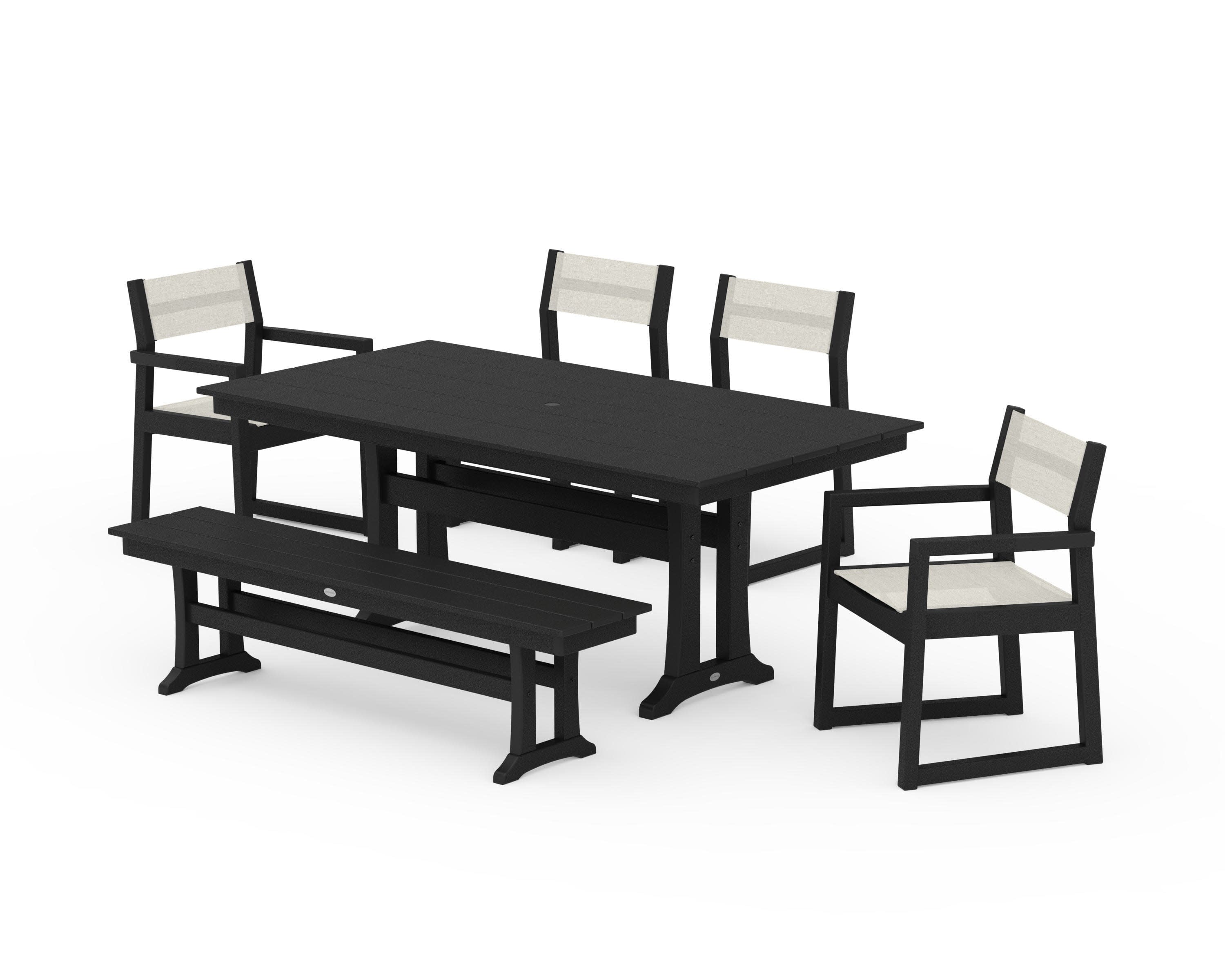 EDGE Sling 6-Piece Farmhouse Dining Set With Trestle Legs in Black / Parchment Sling