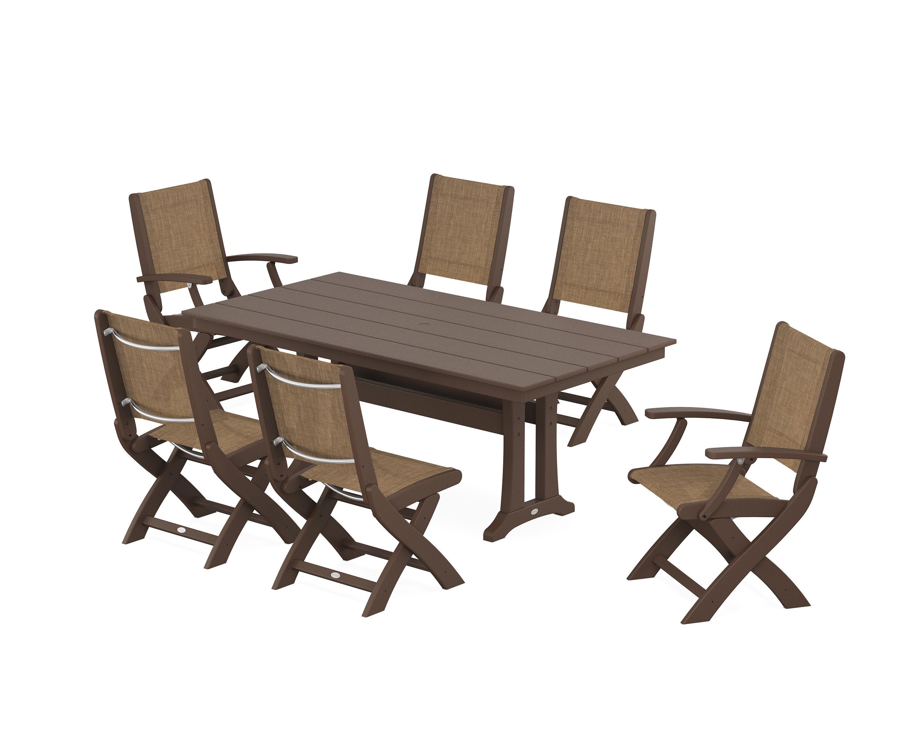 Coastal Folding Chair 7-Piece Farmhouse Dining Set with Trestle Legs in Mahogany / Burlap Sling