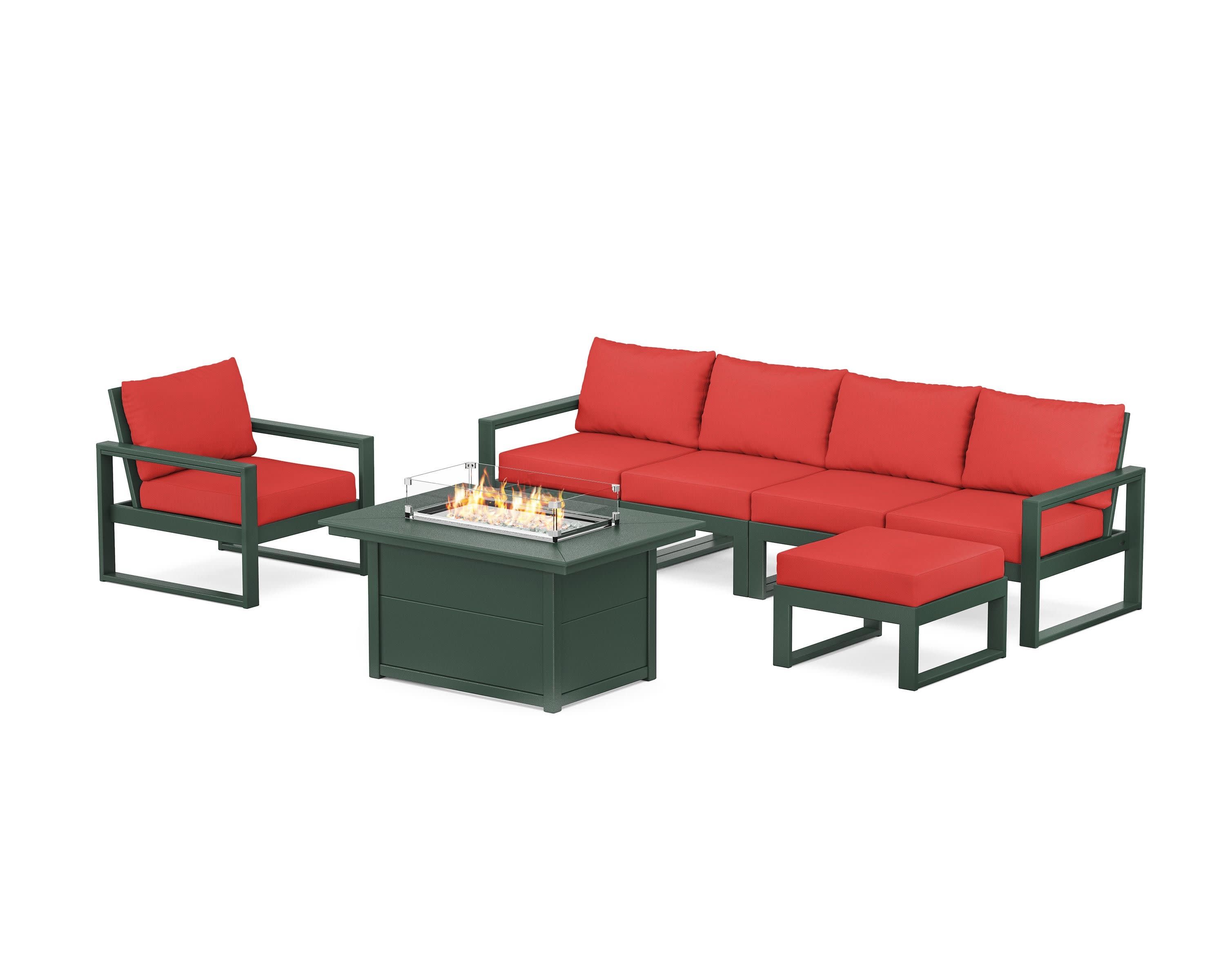 EDGE Sectional Lounge and Fire Pit Set in Green / Crimson Linen