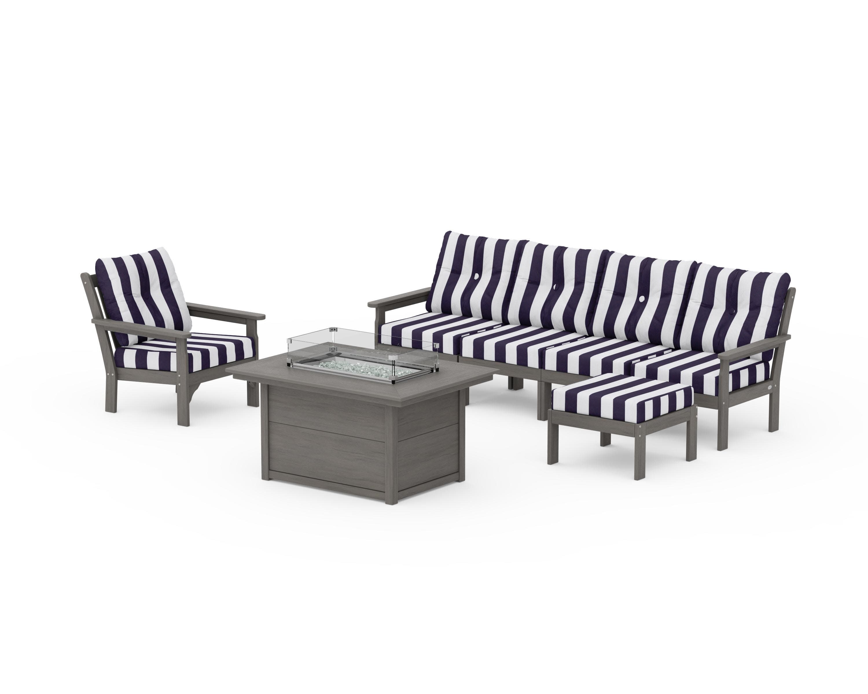 Vineyard Sectional Lounge and Fire Pit Set in Driftwood / Cabana Stripe Navy
