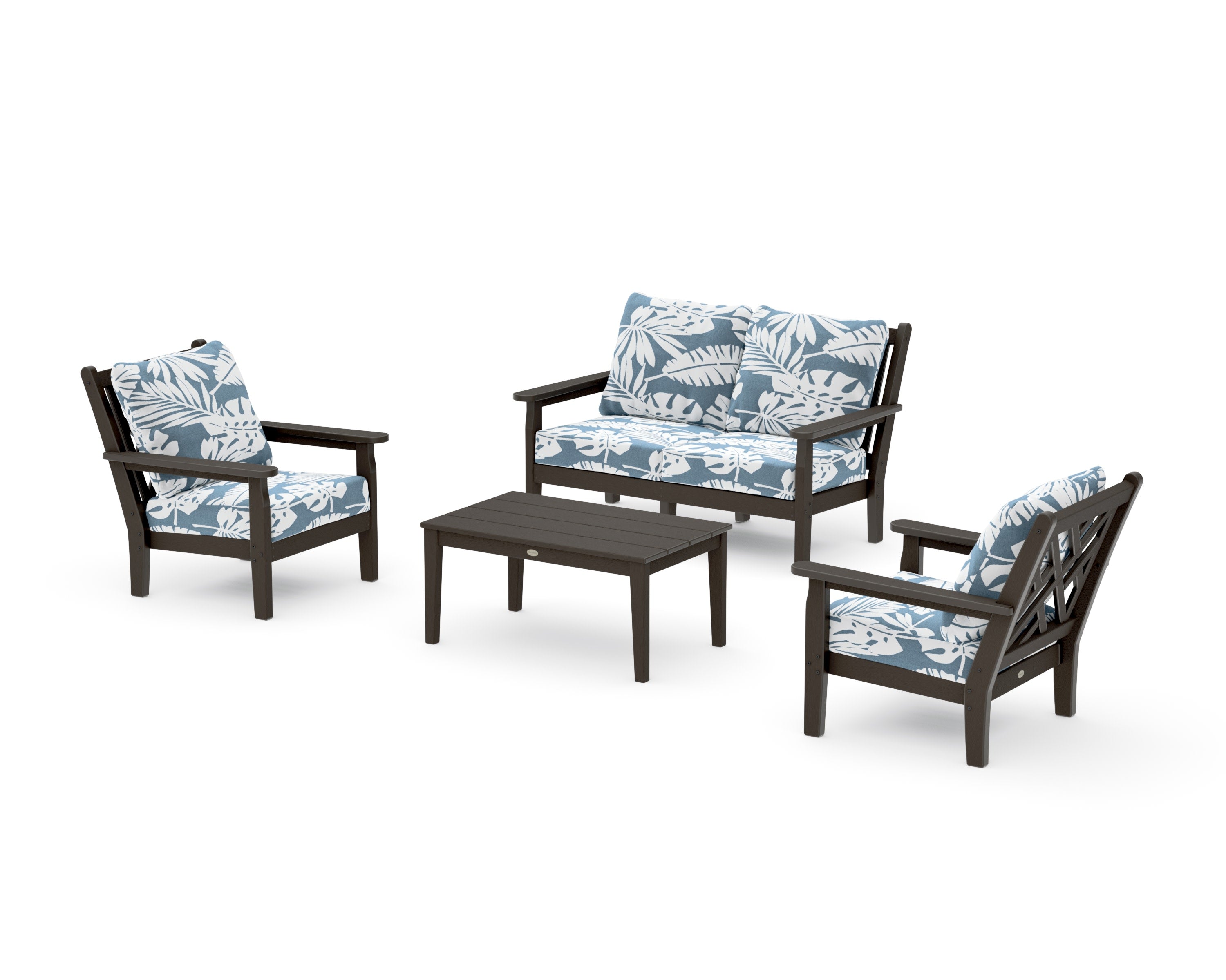 Chippendale 4-Piece Deep Seating Set with Loveseat in Vintage Coffee / Leaf Sky Blue