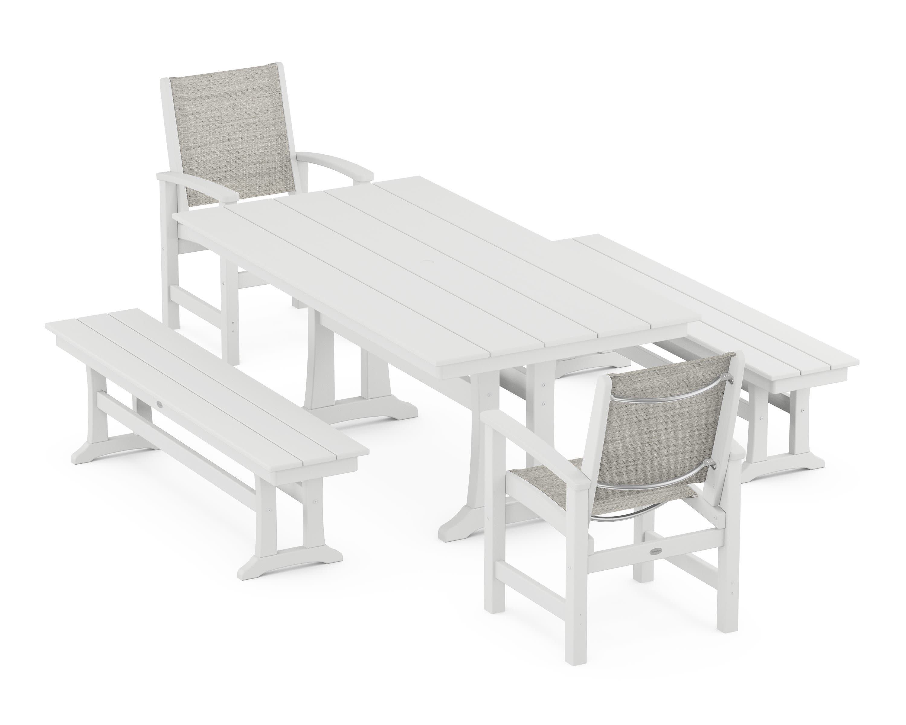 Coastal 5-Piece Farmhouse Dining Set with Trestle Legs and Benches in White / Birch Sling