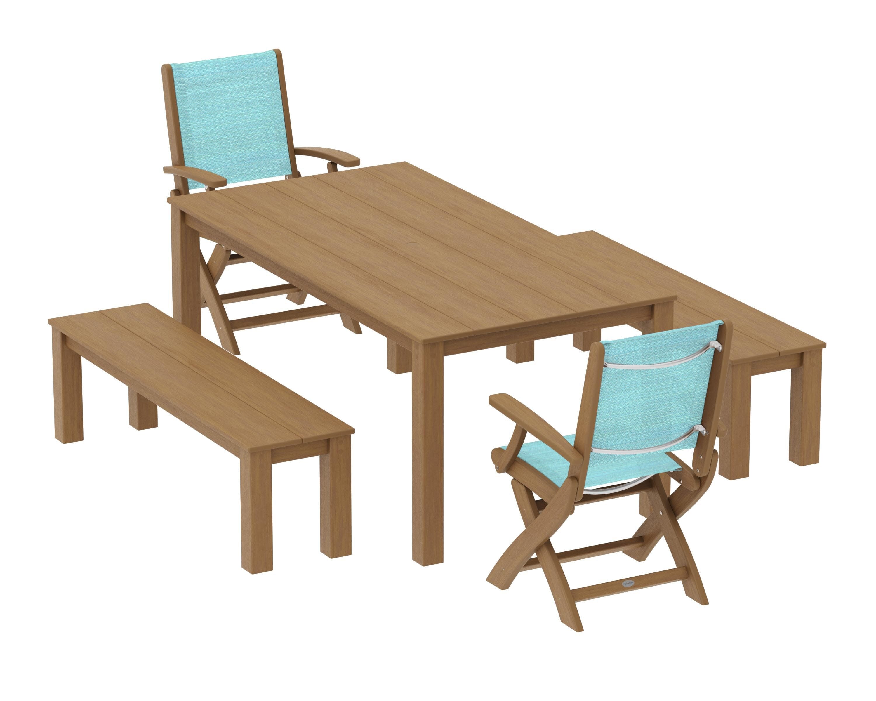 Coastal Folding Chair 5-Piece Parsons Dining Set with Benches in Natural / Dupioni Aquamarine Sling