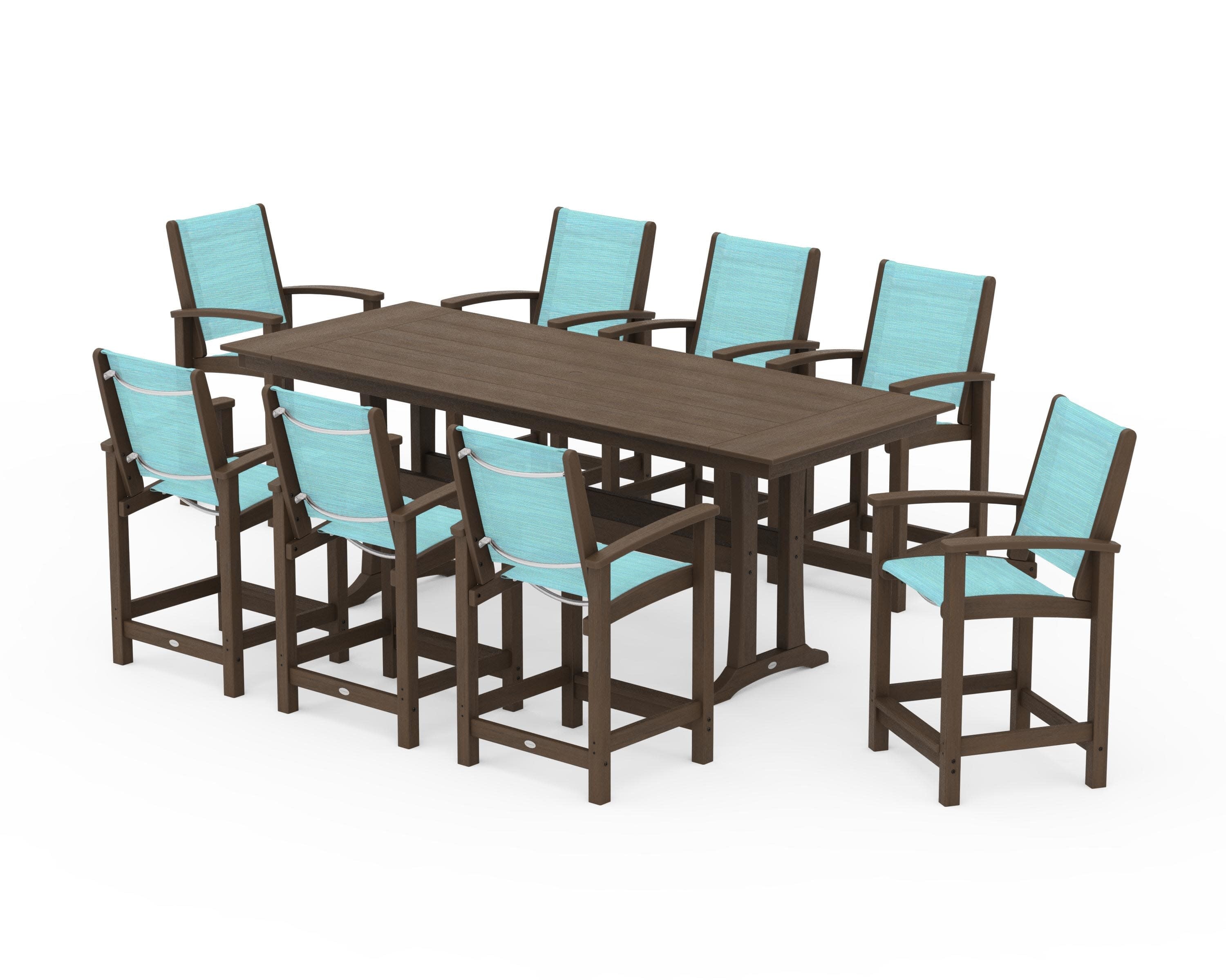 Coastal 9-Piece Farmhouse Counter Set with Trestle Legs in Kona / Dupioni Aquamarine Sling