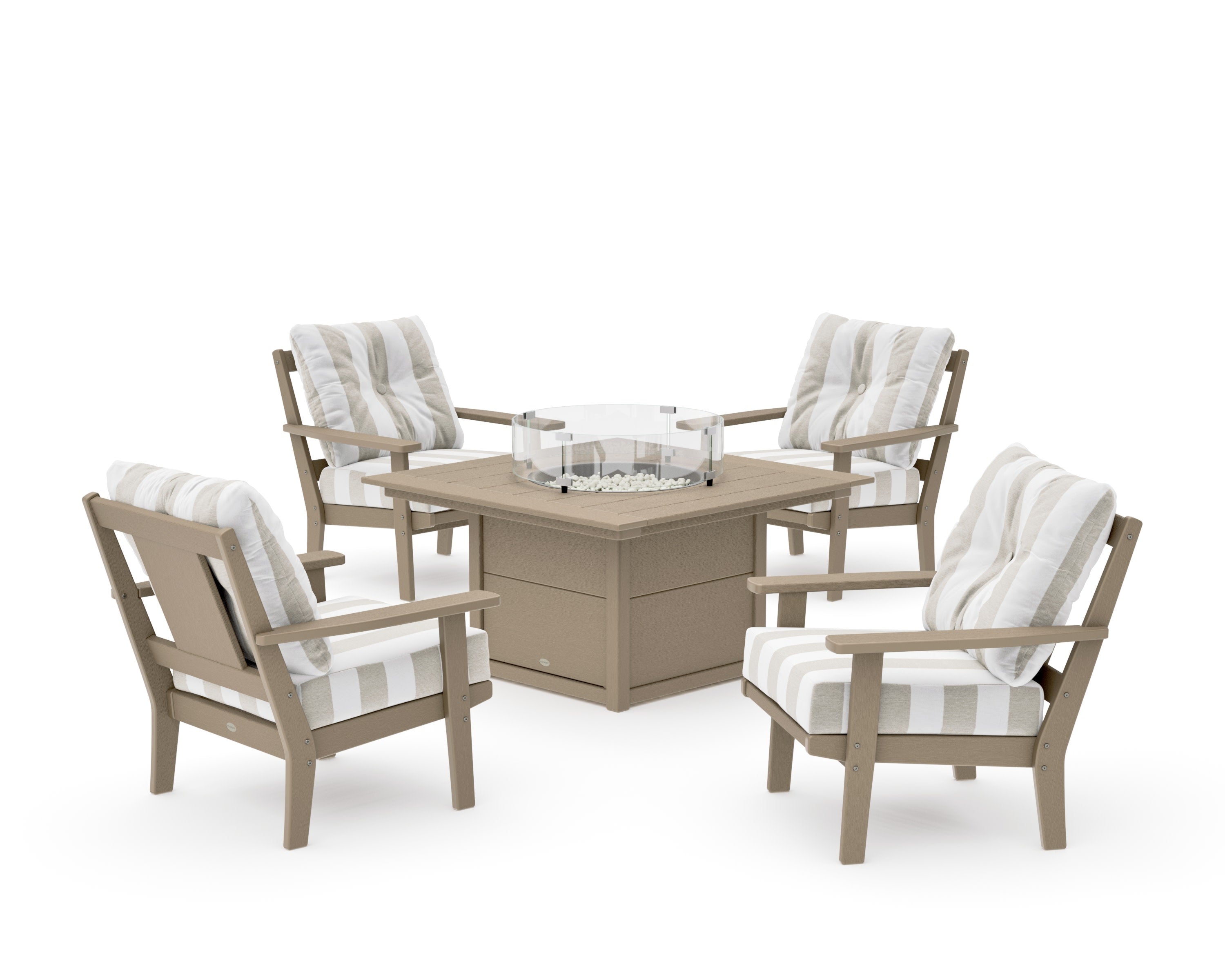 Prairie 5-Piece Deep Seating Set with Fire Pit Table in Vintage Sahara / Cabana Stripe Dune Burlap