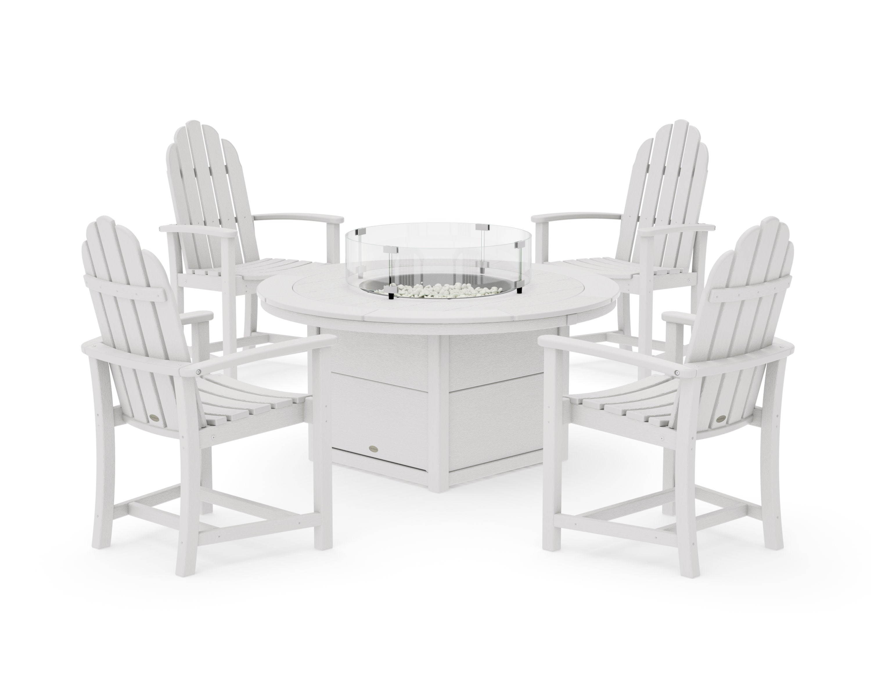 Classic 4-Piece Upright Adirondack Conversation Set with Fire Pit Table in Vintage White