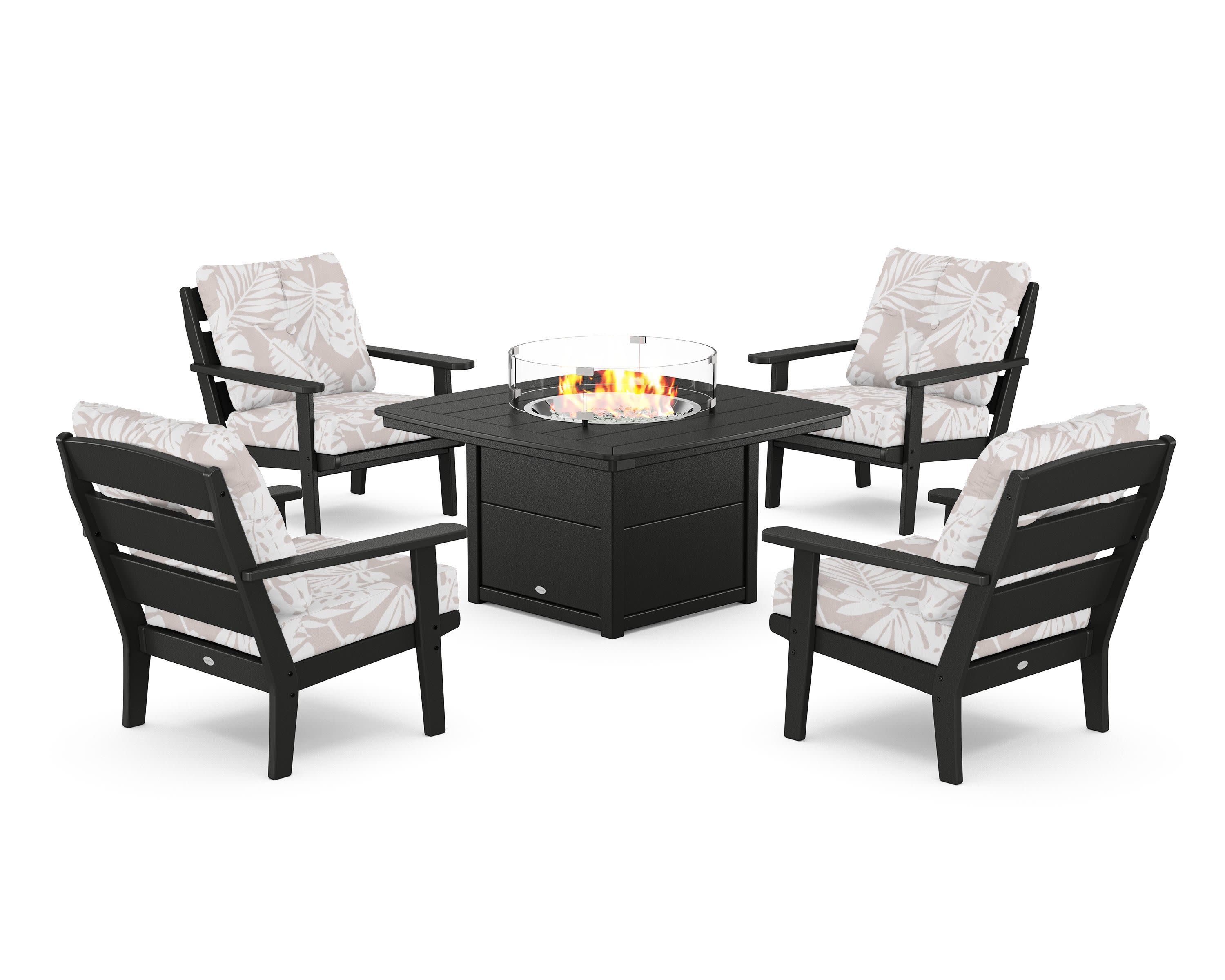 Lakeside 5-Piece Deep Seating Set with Nautical Fire Pit Table in Black / Leaf Dune Burlap