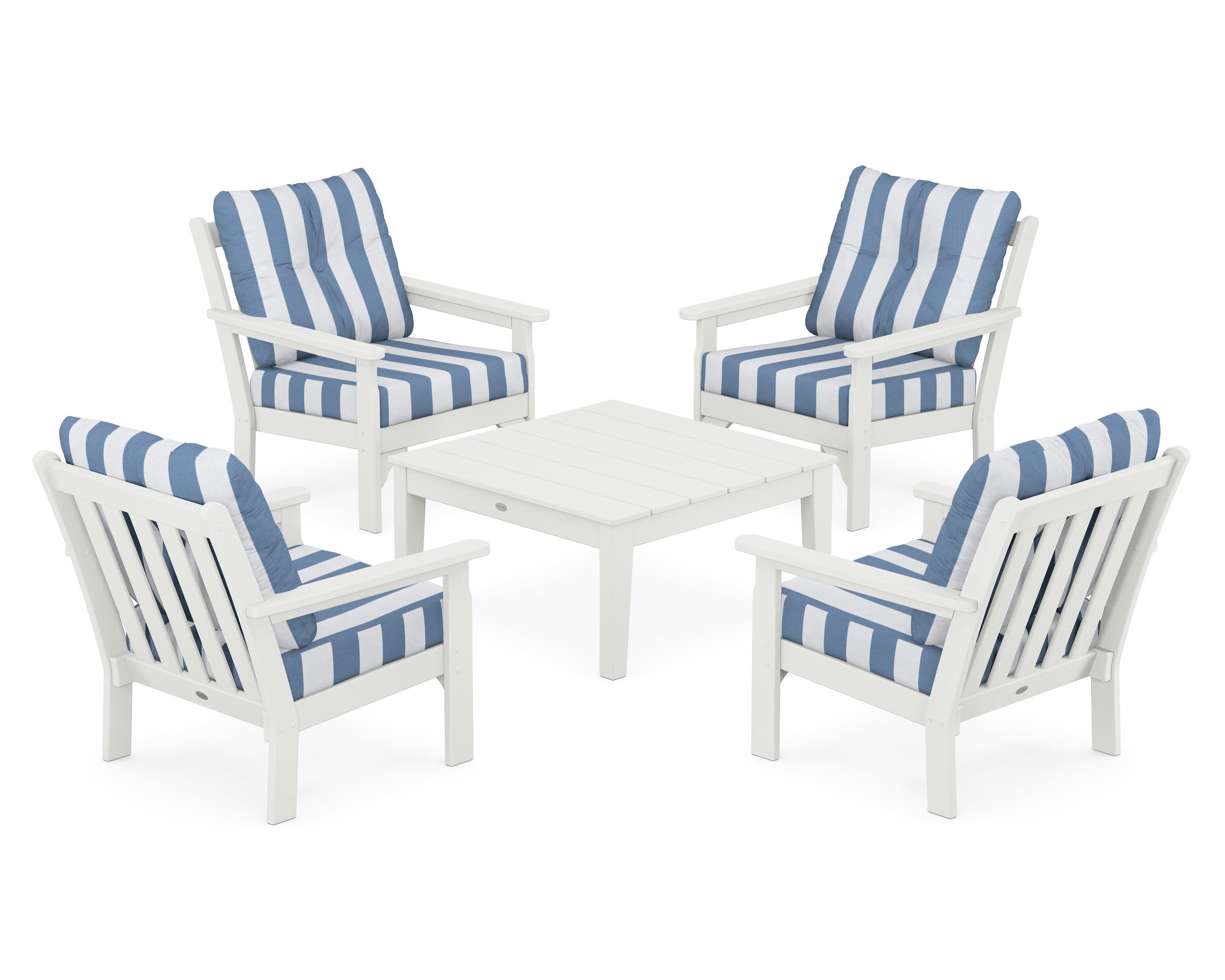 Vineyard 5-Piece Deep Seating Conversation Set in Vintage White / Cabana Stripe Sky Blue